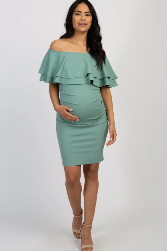 Sage Off Shoulder Fitted Maternity Dress sold by Pinkblush