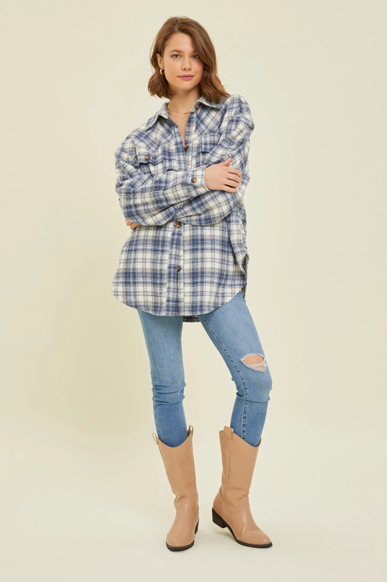 Navy Blue Flannel Plaid Button Up Shacket sold by Pinkblush product image thumbnail 2