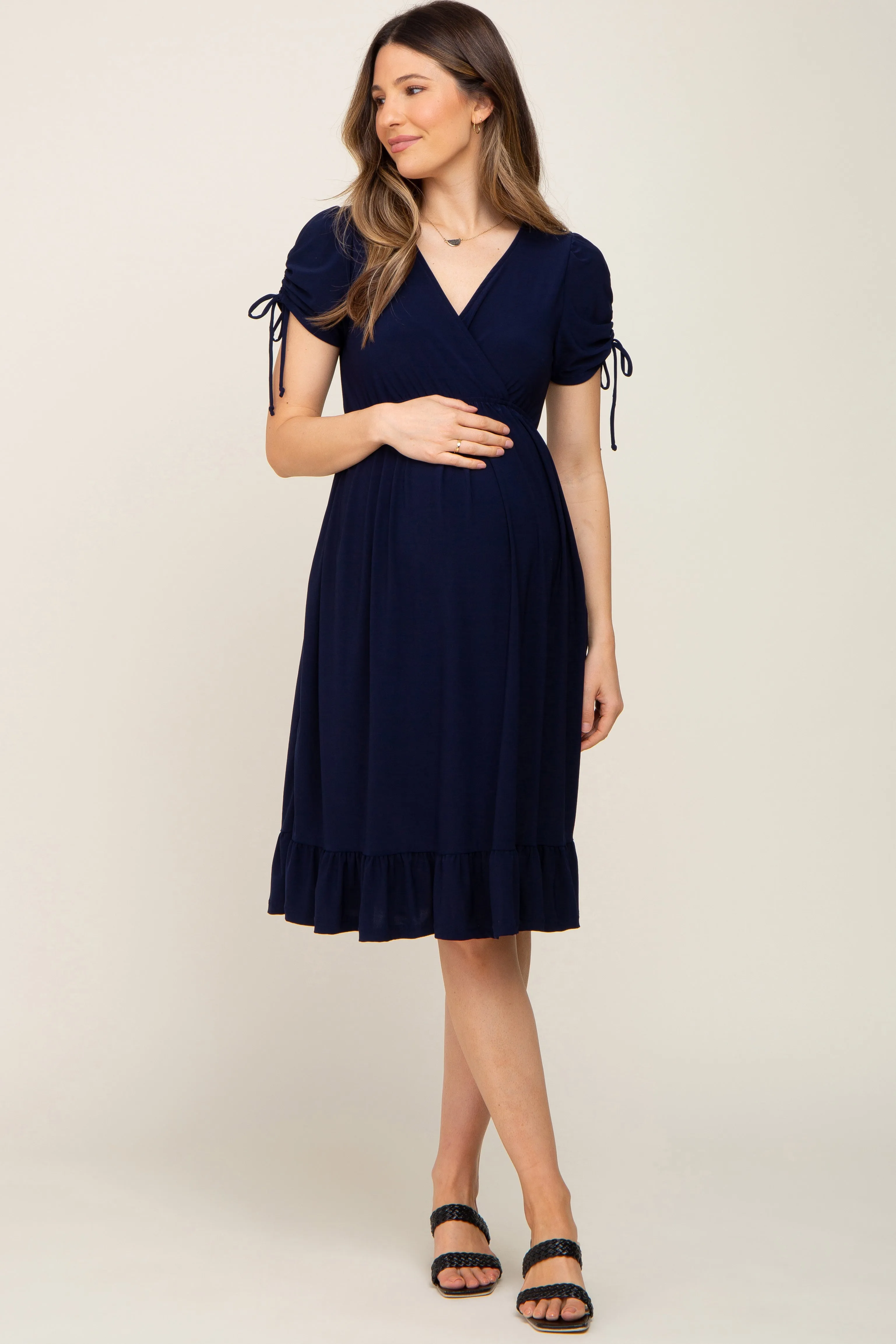 Navy Cinched Sleeve Maternity Midi Dress sold by Pinkblush