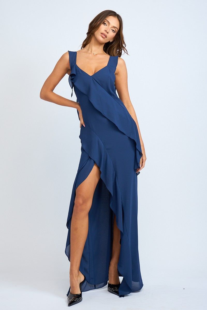 Navy Ruffle Slit Maxi Dress sold by Pinkblush product image thumbnail 2