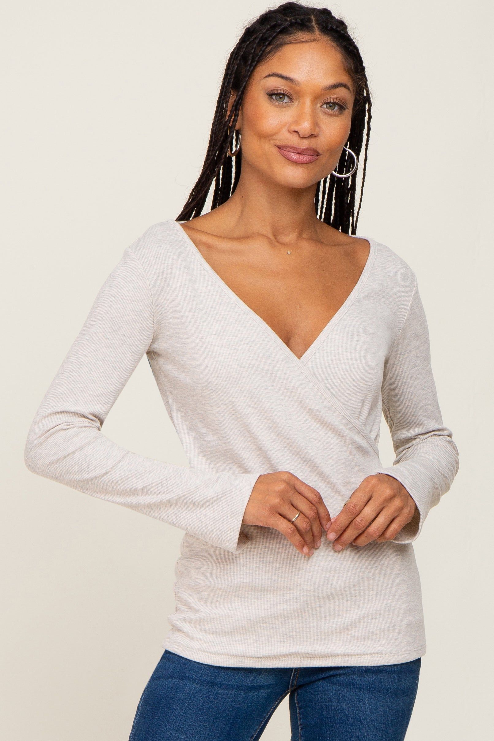 Beige Ribbed Long Sleeve Wrap Nursing Top sold by Pinkblush