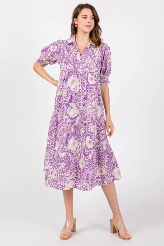 Lavender Floral Collared Tiered Midi Dress sold by Pinkblush