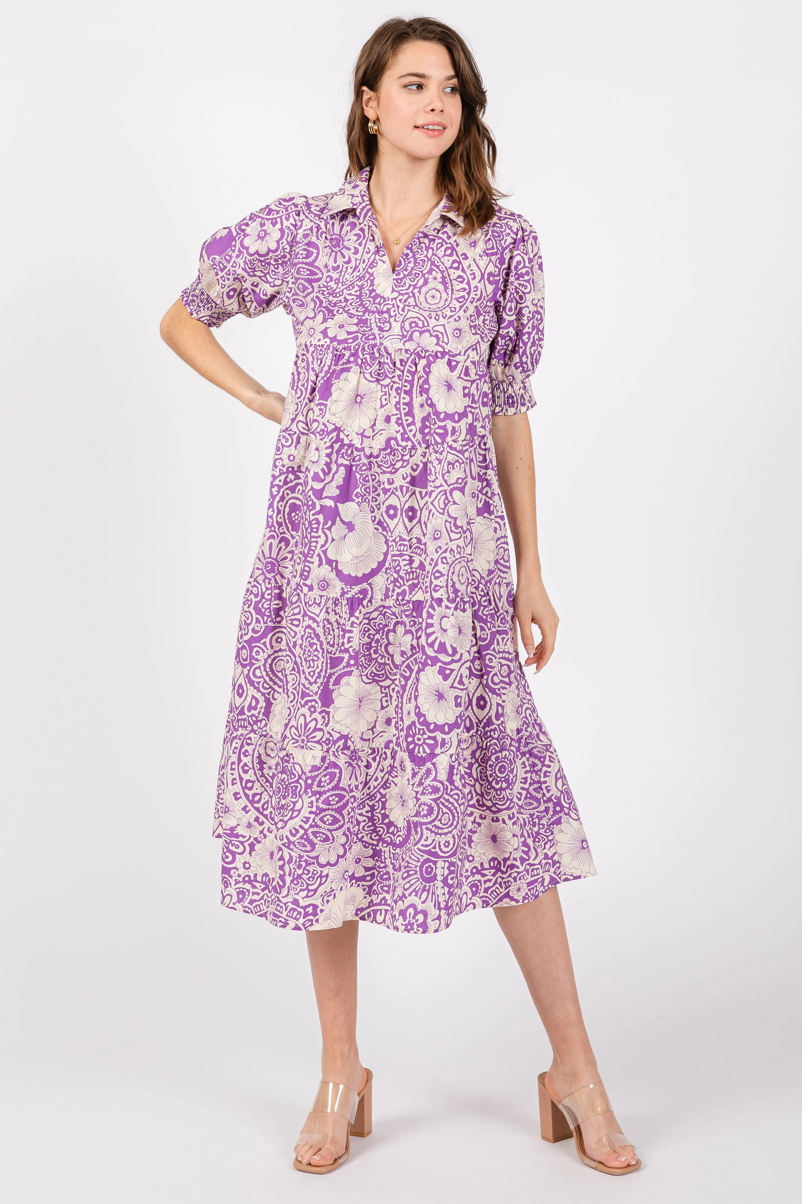 Lavender Floral Collared Tiered Midi Dress sold by Pinkblush