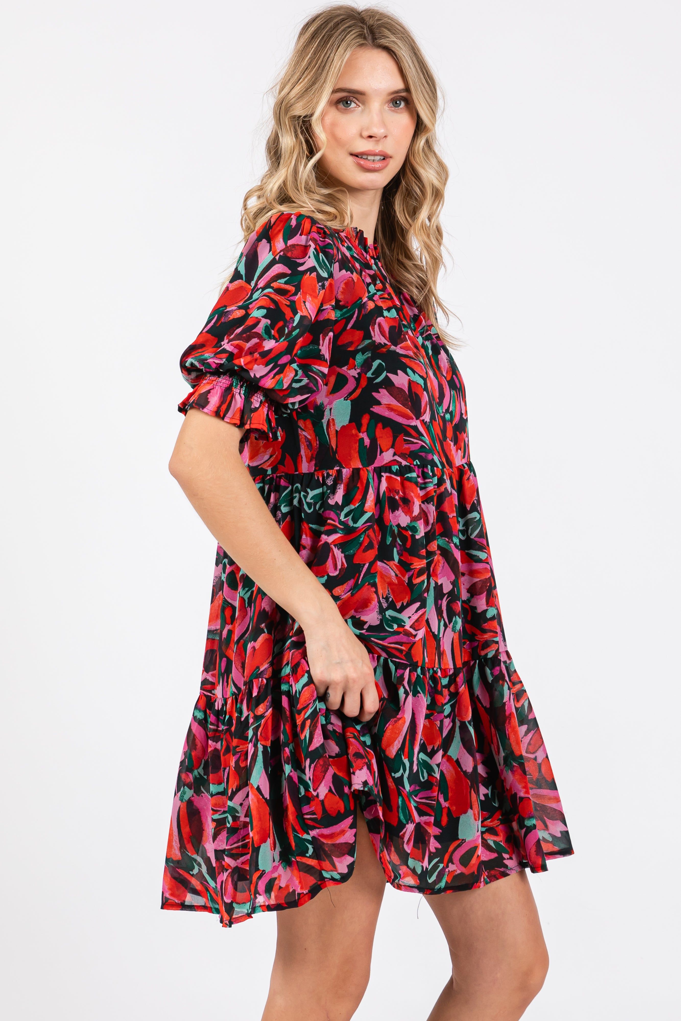 Black Abstract Floral Print Tiered Dress sold by Pinkblush product image thumbnail 2