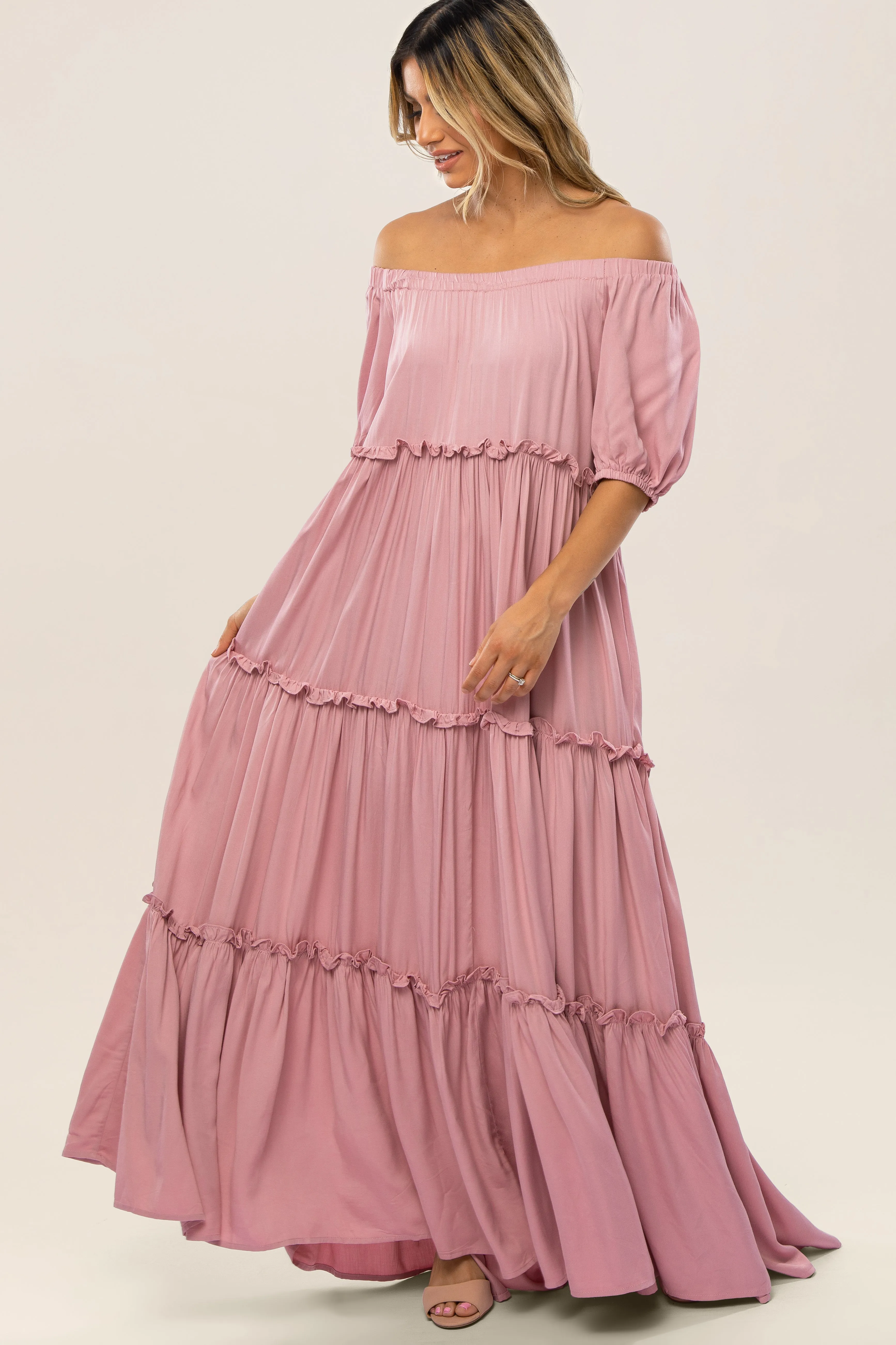 Mauve Off Shoulder Ruffle Tiered Maternity Maxi Dress sold by Pinkblush product image thumbnail 4
