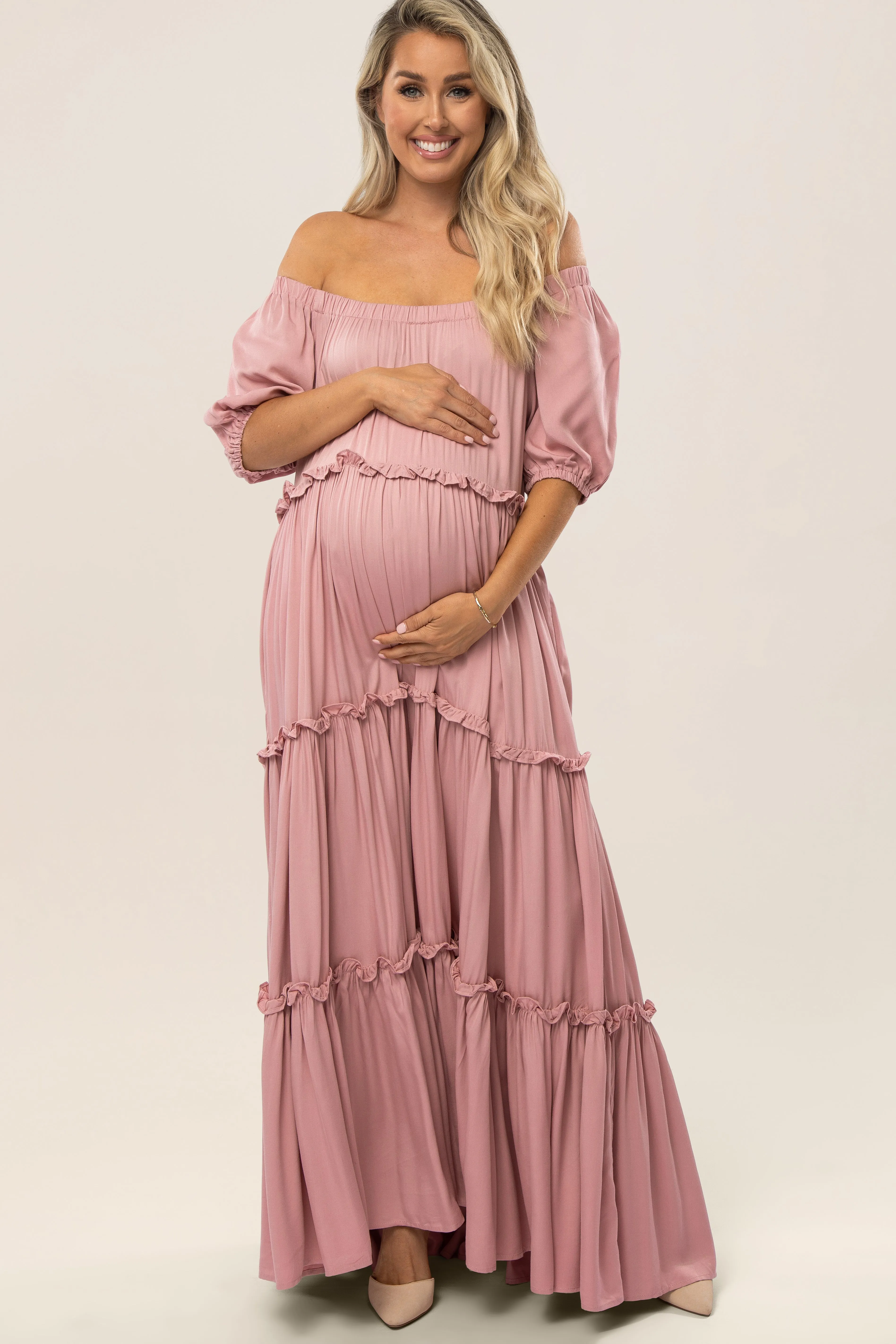 Mauve Off Shoulder Ruffle Tiered Maternity Maxi Dress sold by Pinkblush