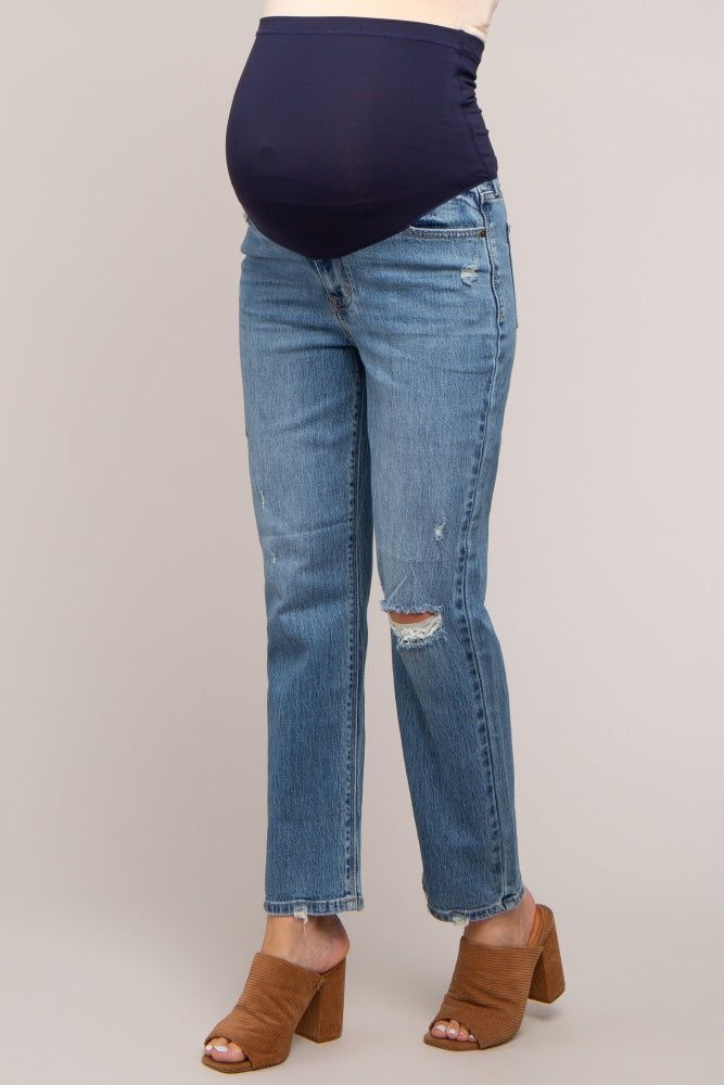 Blue Distressed Straight Leg Maternity Jeans sold by Pinkblush product image thumbnail 3