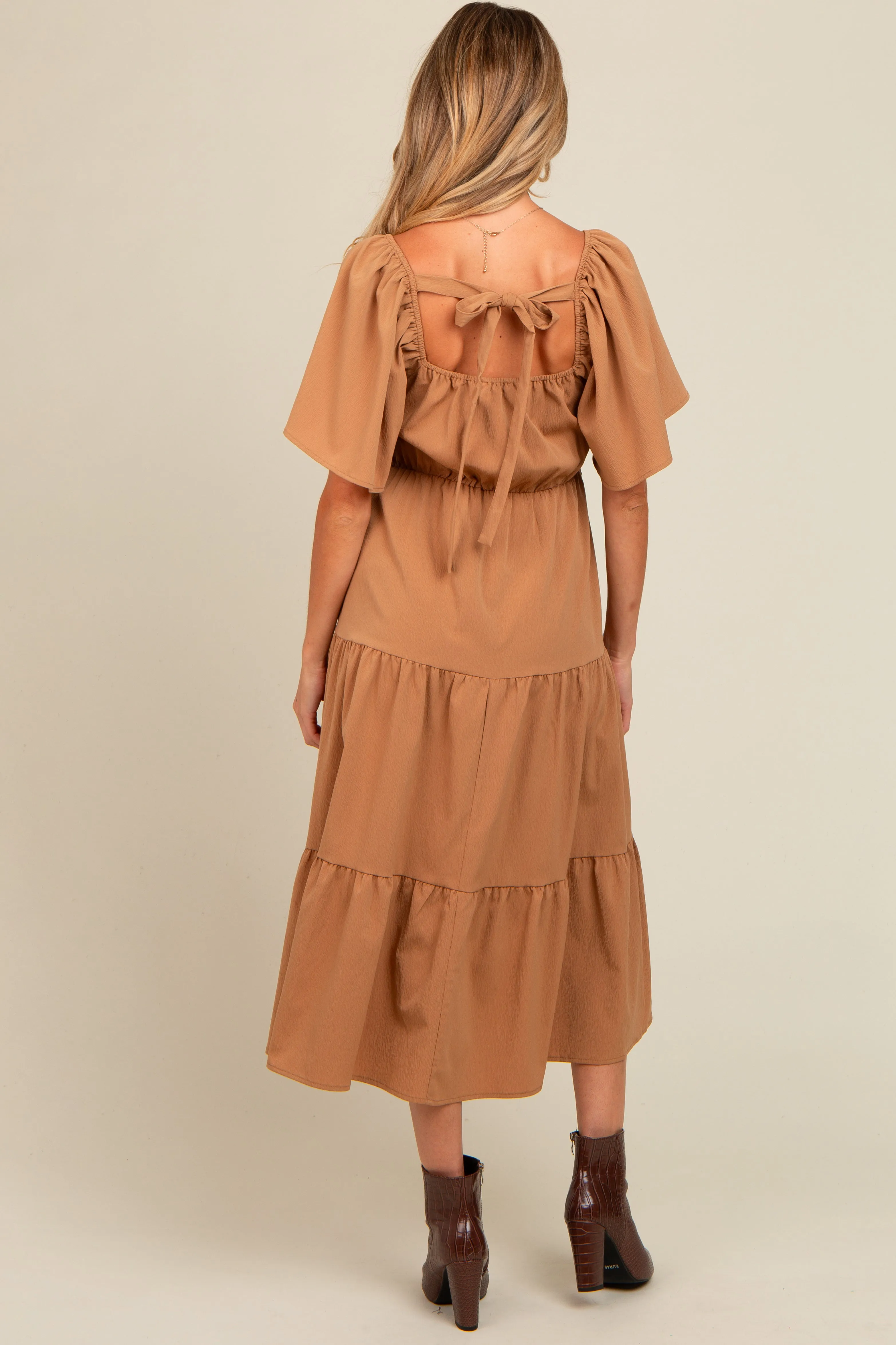 Camel Crochet Tiered Lace Maternity Midi Dress sold by Pinkblush product image thumbnail 3