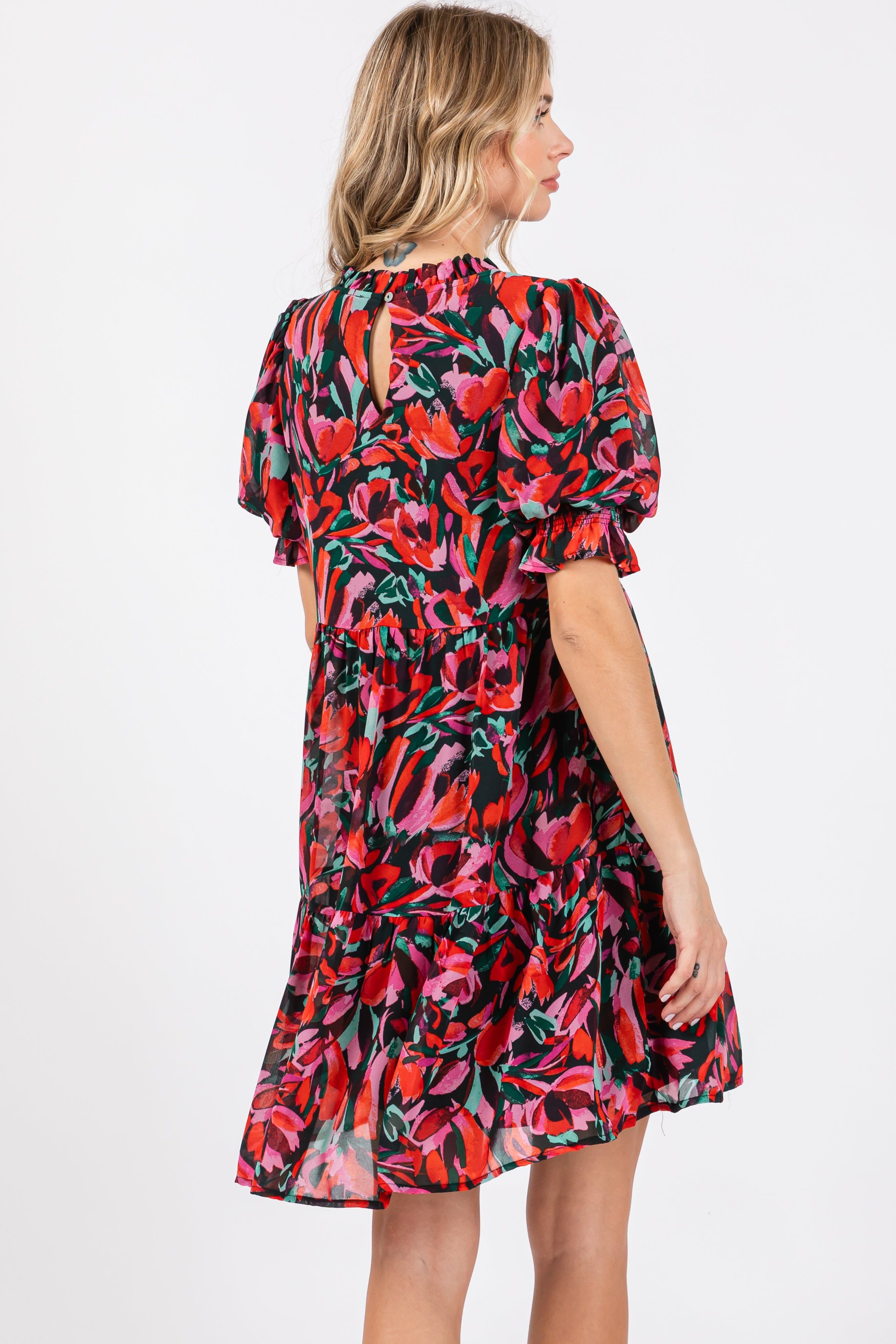 Black Abstract Floral Print Tiered Dress sold by Pinkblush product image thumbnail 3