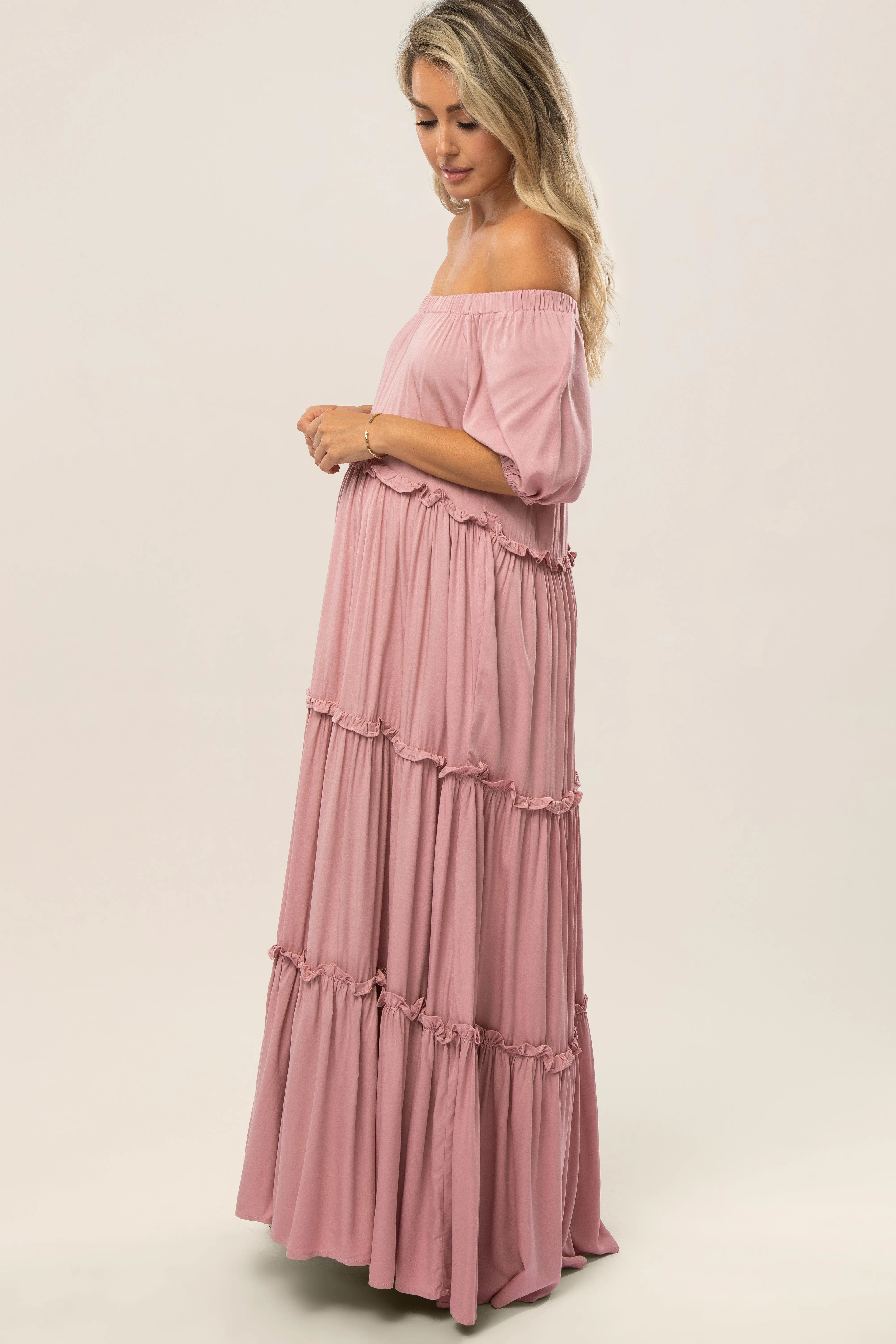 Mauve Off Shoulder Ruffle Tiered Maternity Maxi Dress sold by Pinkblush product image thumbnail 2