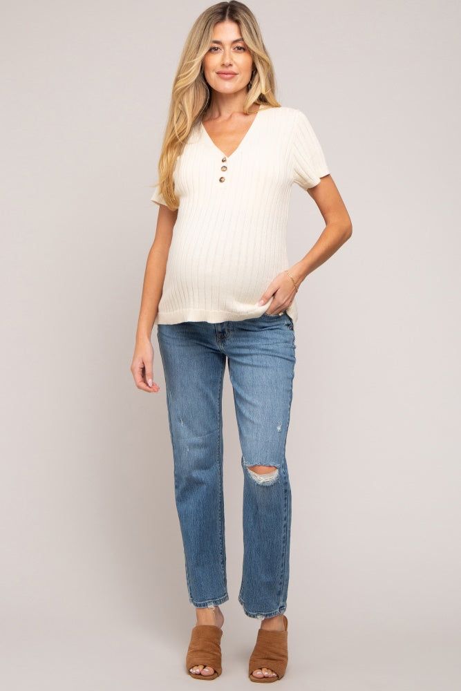 Blue Distressed Straight Leg Maternity Jeans sold by Pinkblush