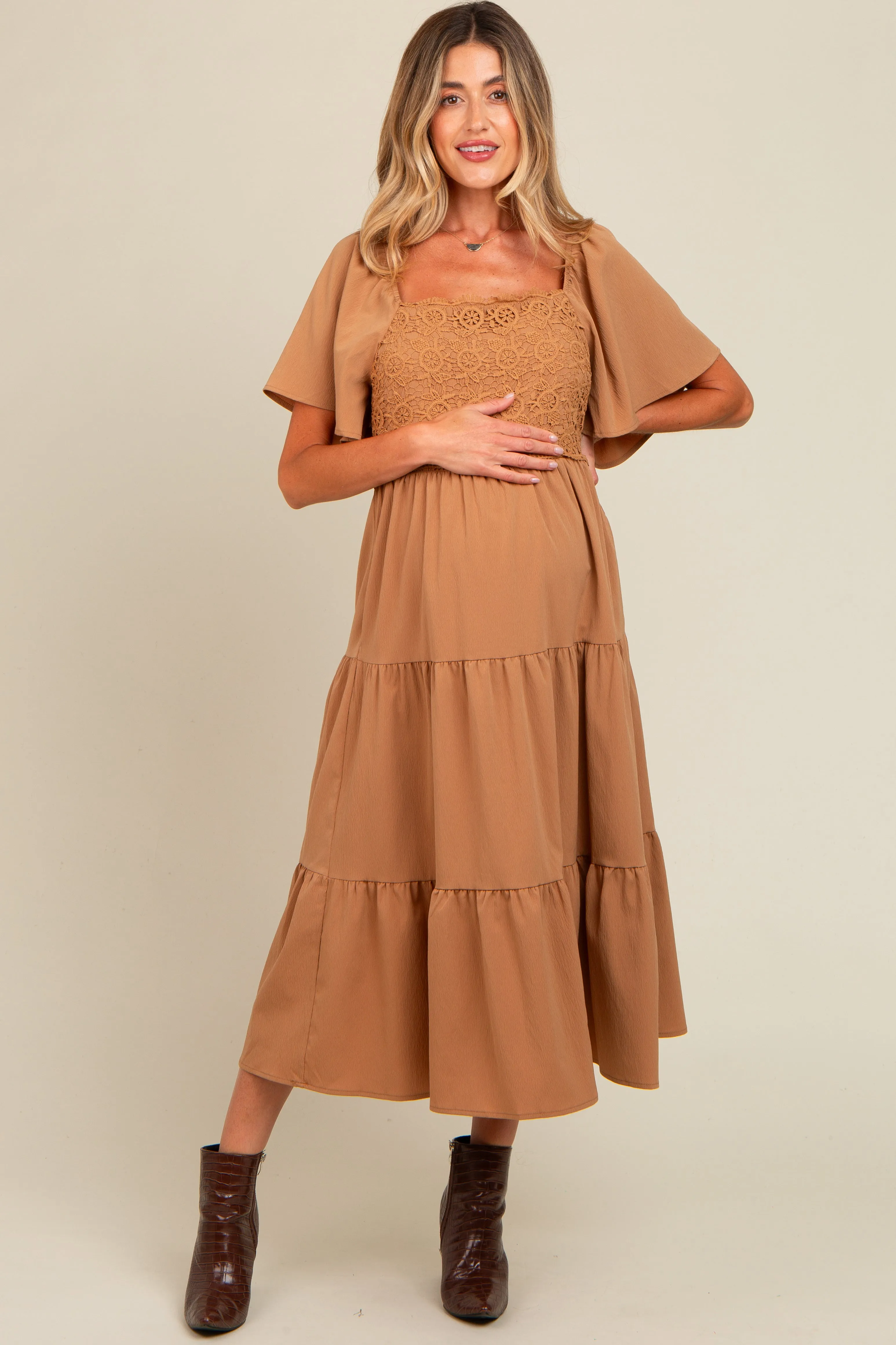 Camel Crochet Tiered Lace Maternity Midi Dress sold by Pinkblush