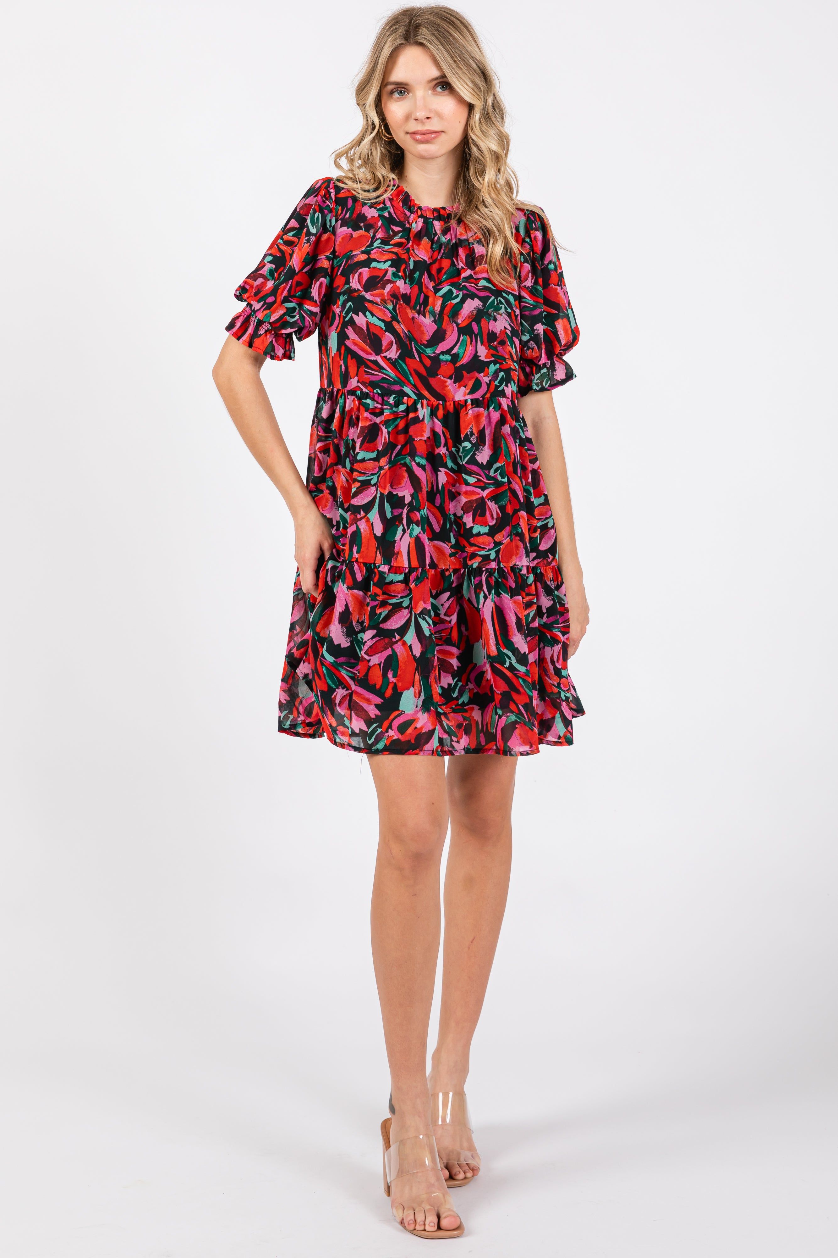 Black Abstract Floral Print Tiered Dress sold by Pinkblush product image thumbnail 4