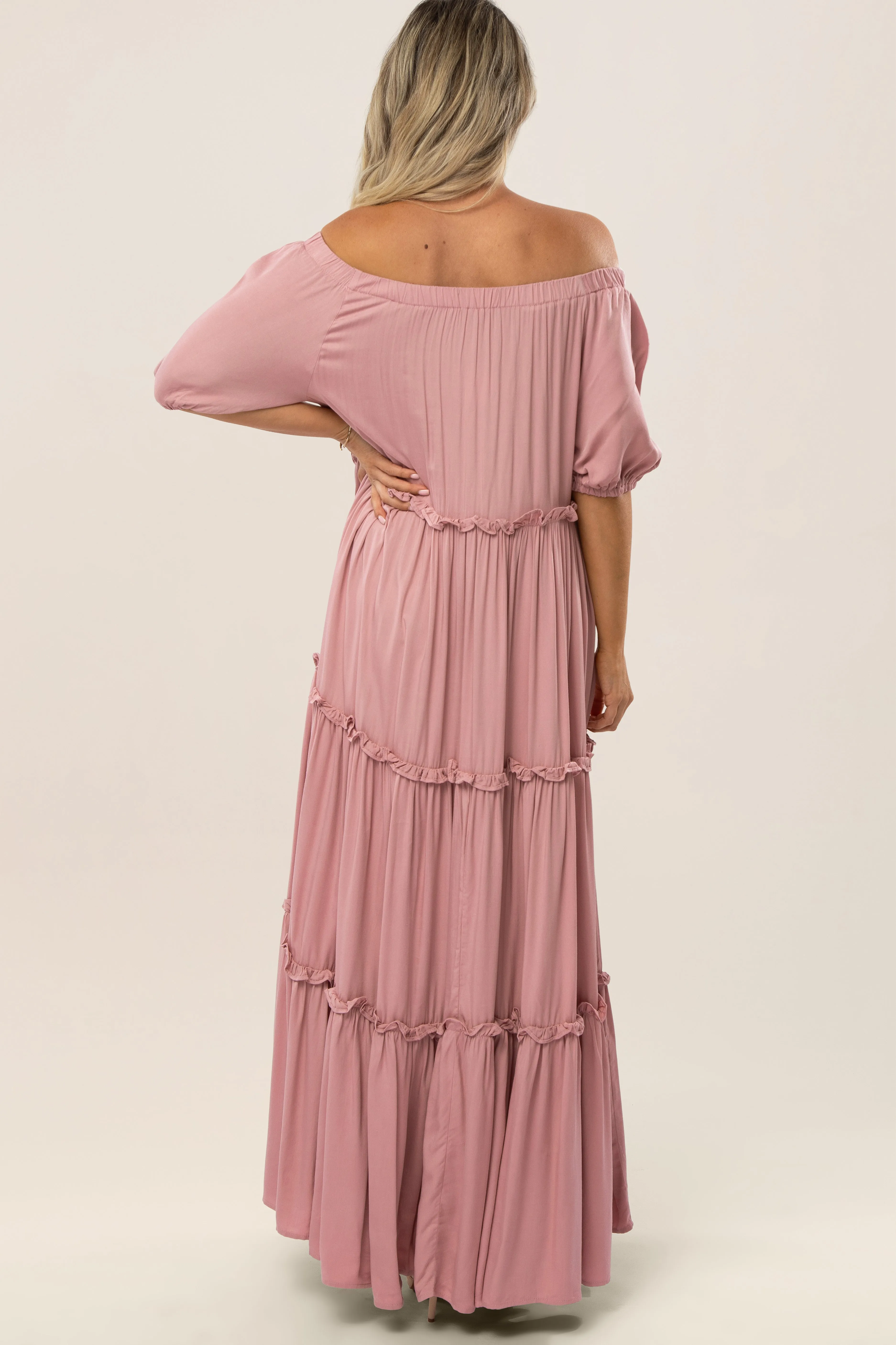 Mauve Off Shoulder Ruffle Tiered Maternity Maxi Dress sold by Pinkblush product image thumbnail 3