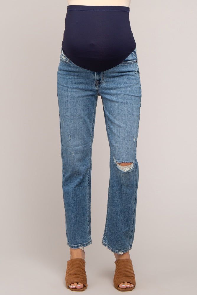 Blue Distressed Straight Leg Maternity Jeans sold by Pinkblush product image thumbnail 2