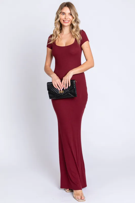Burgundy Ribbed Scoop Neck Maxi Dress sold by Pinkblush