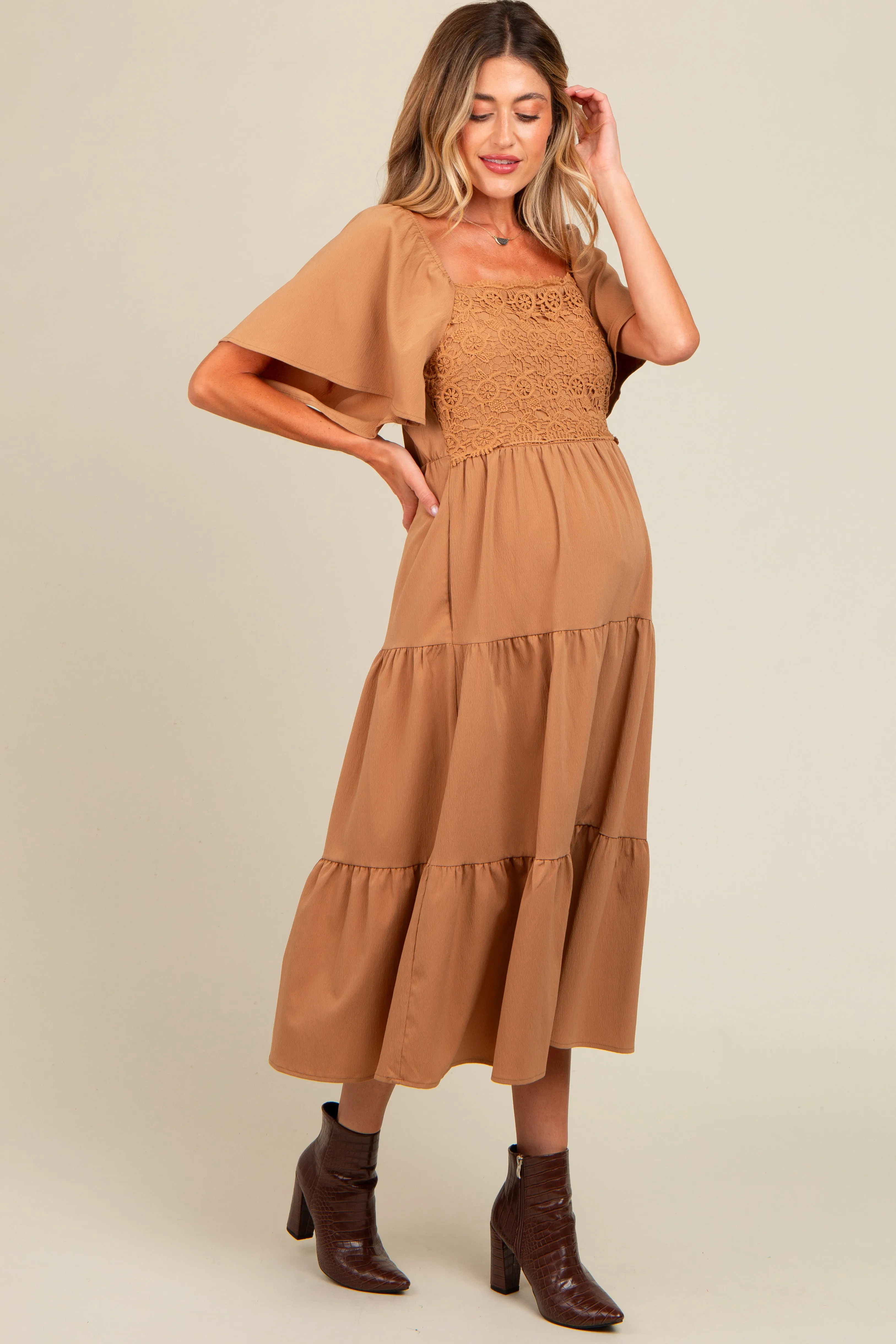 Camel Crochet Tiered Lace Maternity Midi Dress sold by Pinkblush product image thumbnail 2