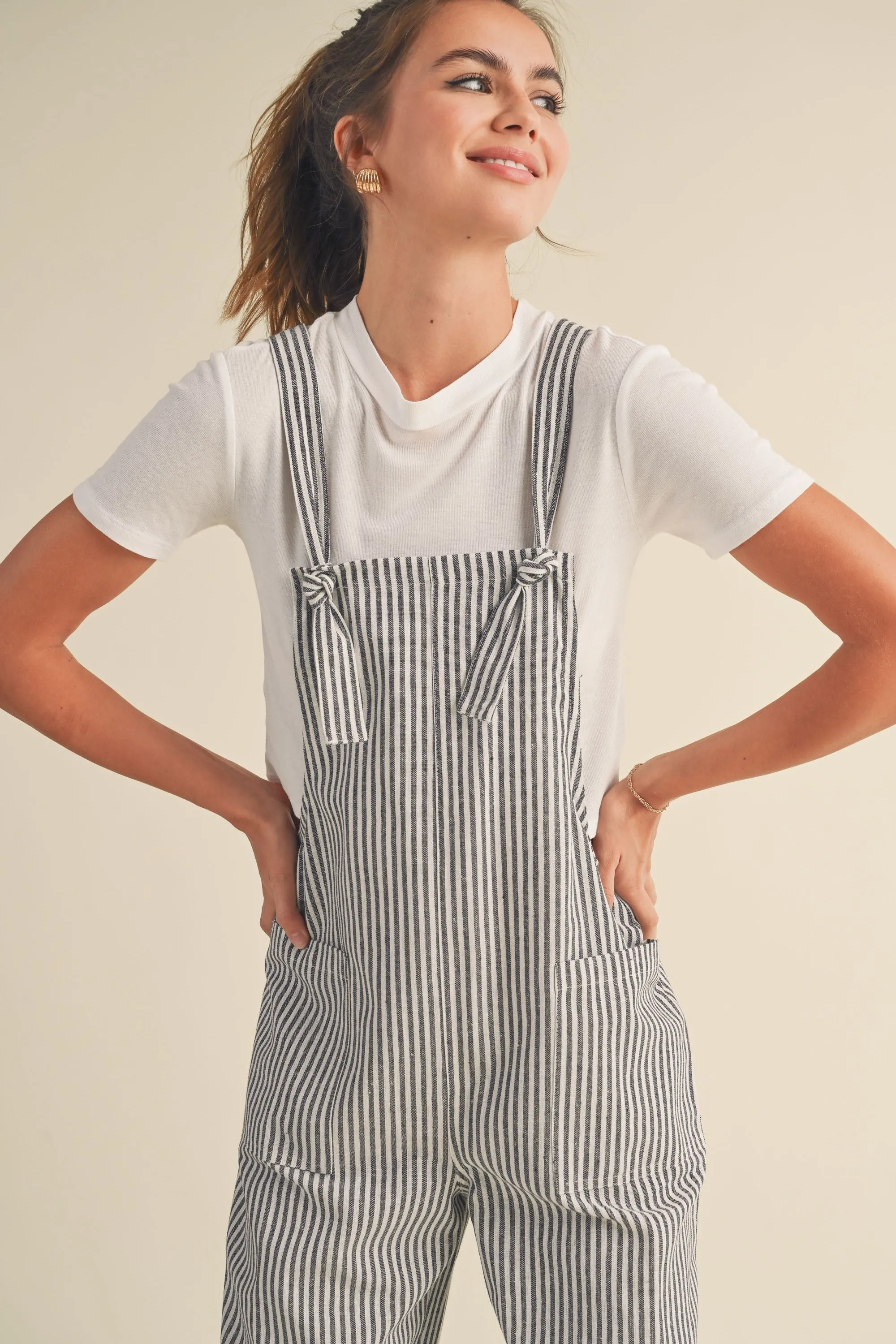 Black Striped Linen Overalls sold by Pinkblush product image thumbnail 4