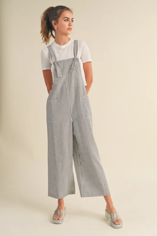 Black Striped Linen Overalls sold by Pinkblush