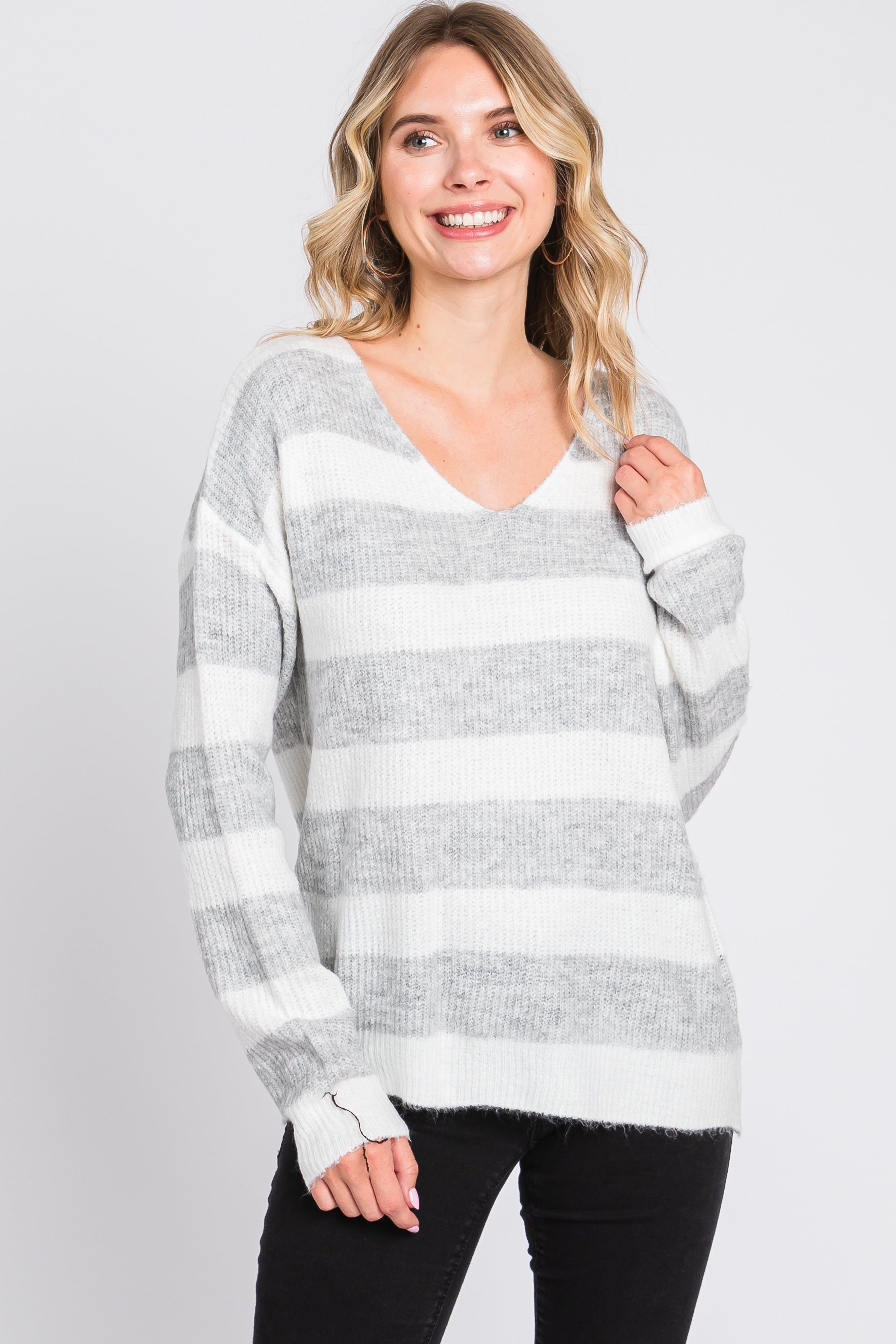 Grey Striped V-Neck Sweater sold by Pinkblush
