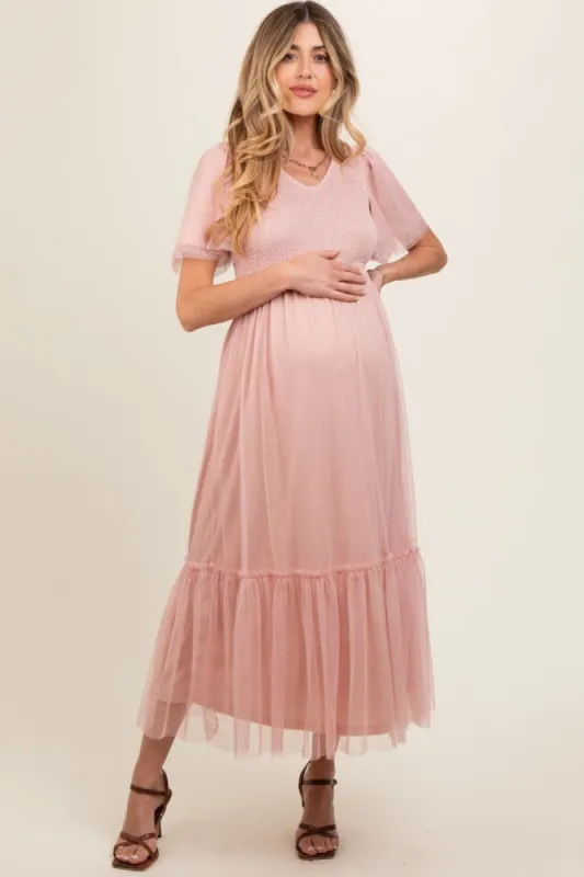 Light Pink Mesh Smocked Maternity Midi Dress sold by Pinkblush