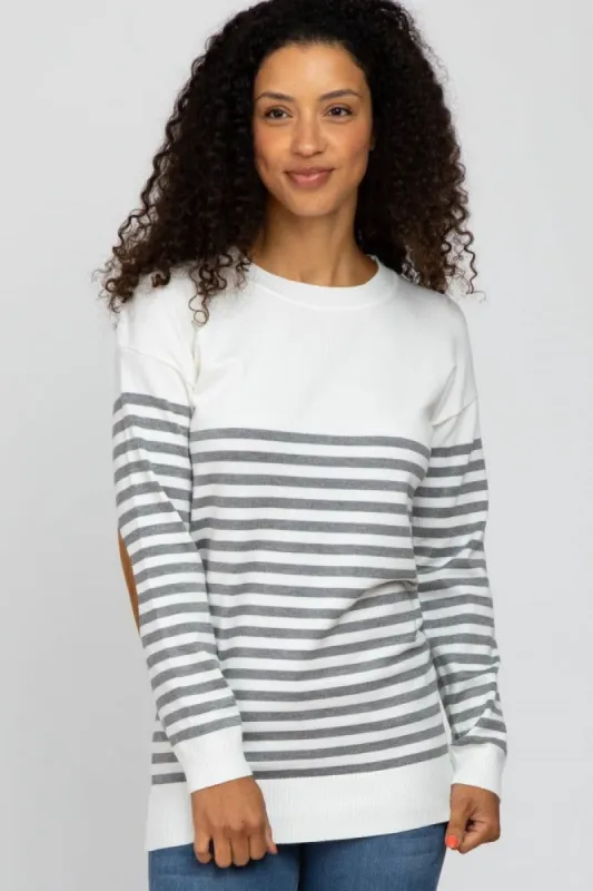 Heather Grey Striped Elbow Patch Knit Sweater sold by Pinkblush