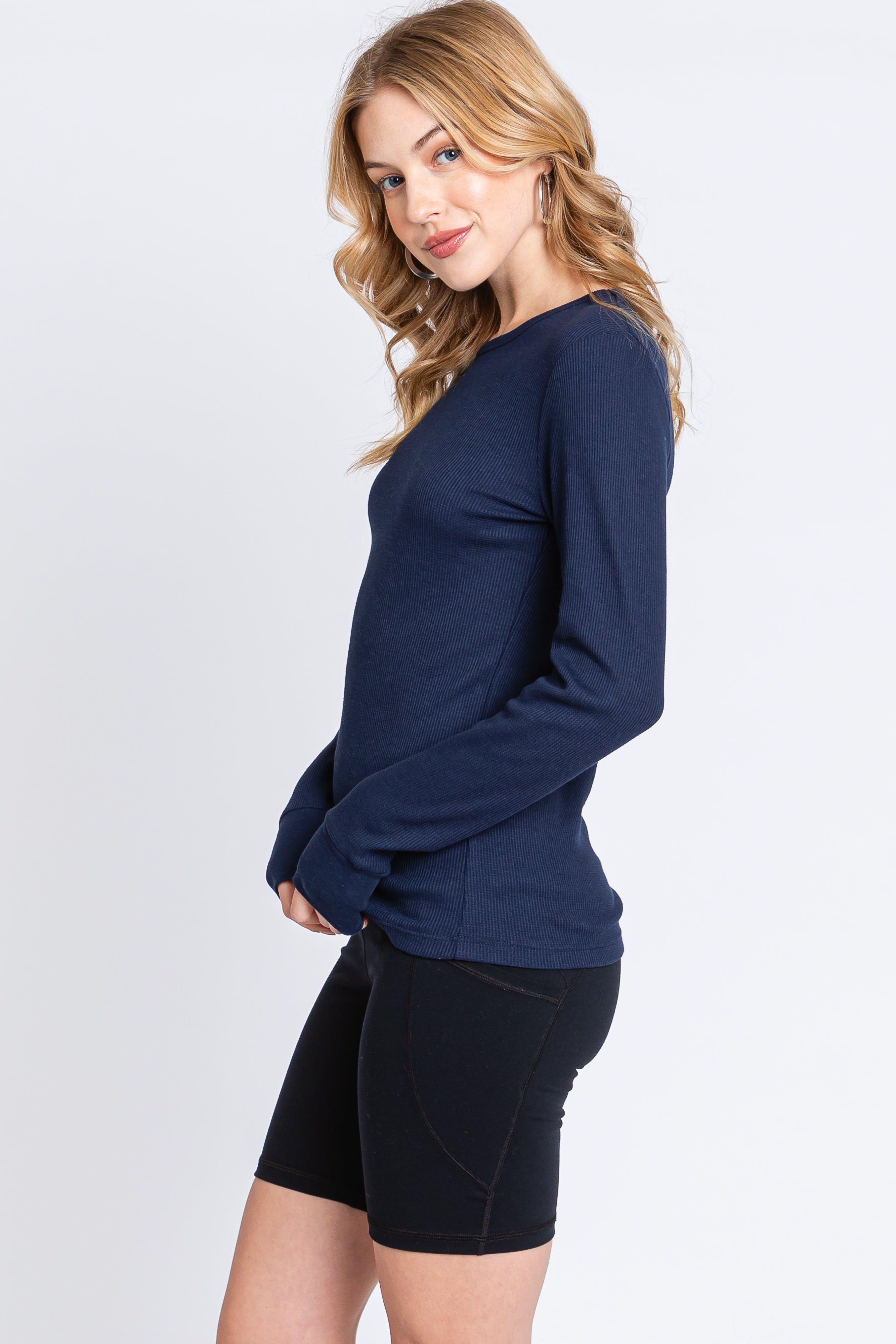 Navy Waffle Knit Basic Long Sleeve Top sold by Pinkblush product image thumbnail 2