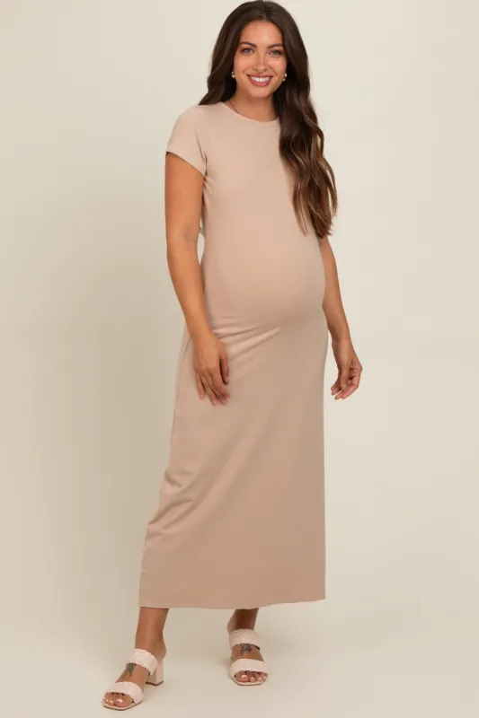 Taupe Short Sleeve Maternity Midi T-Shirt Dress sold by Pinkblush