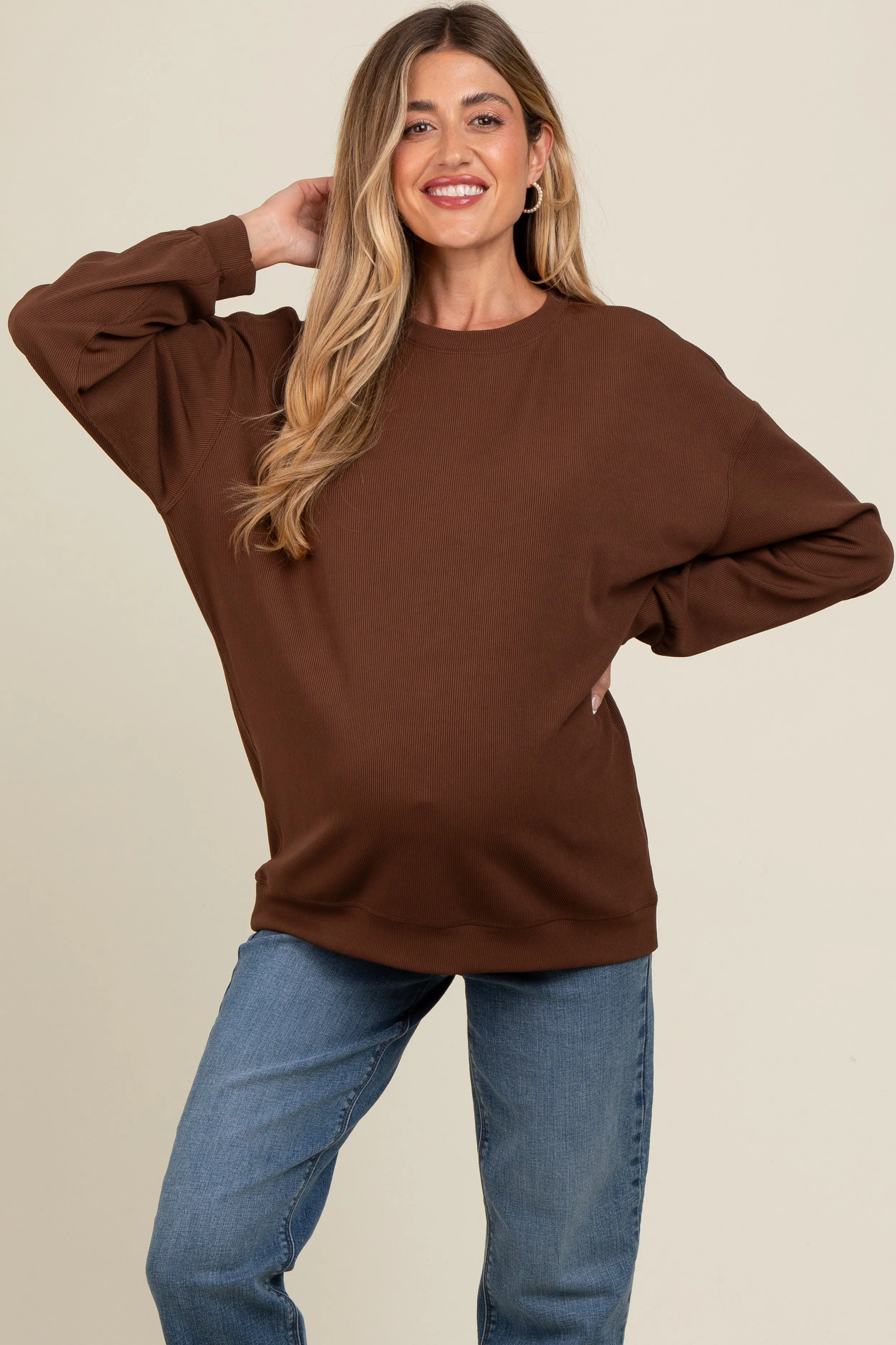 Brown Drop Shoulder Maternity Sweatshirt sold by Pinkblush