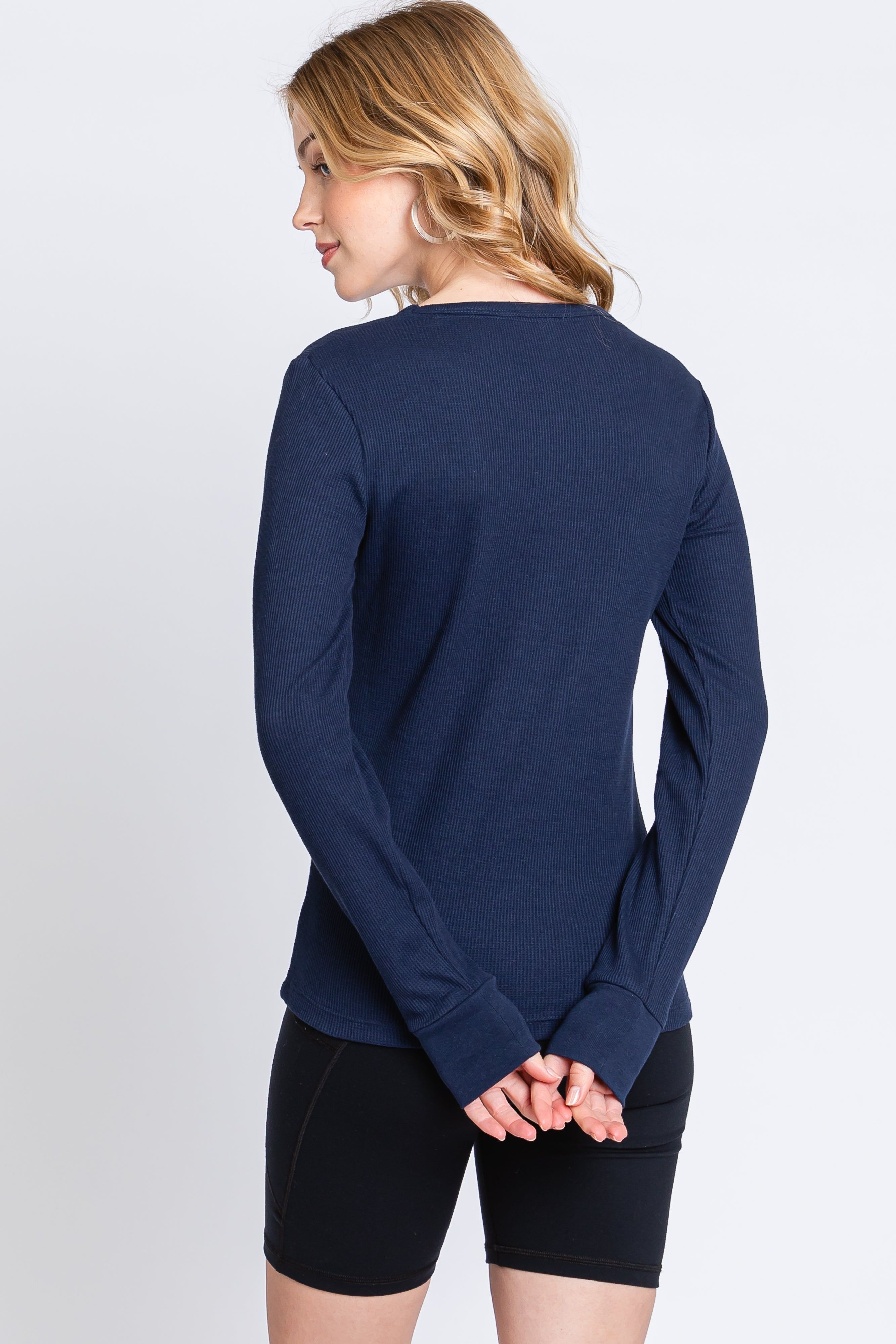 Navy Waffle Knit Basic Long Sleeve Top sold by Pinkblush product image thumbnail 3