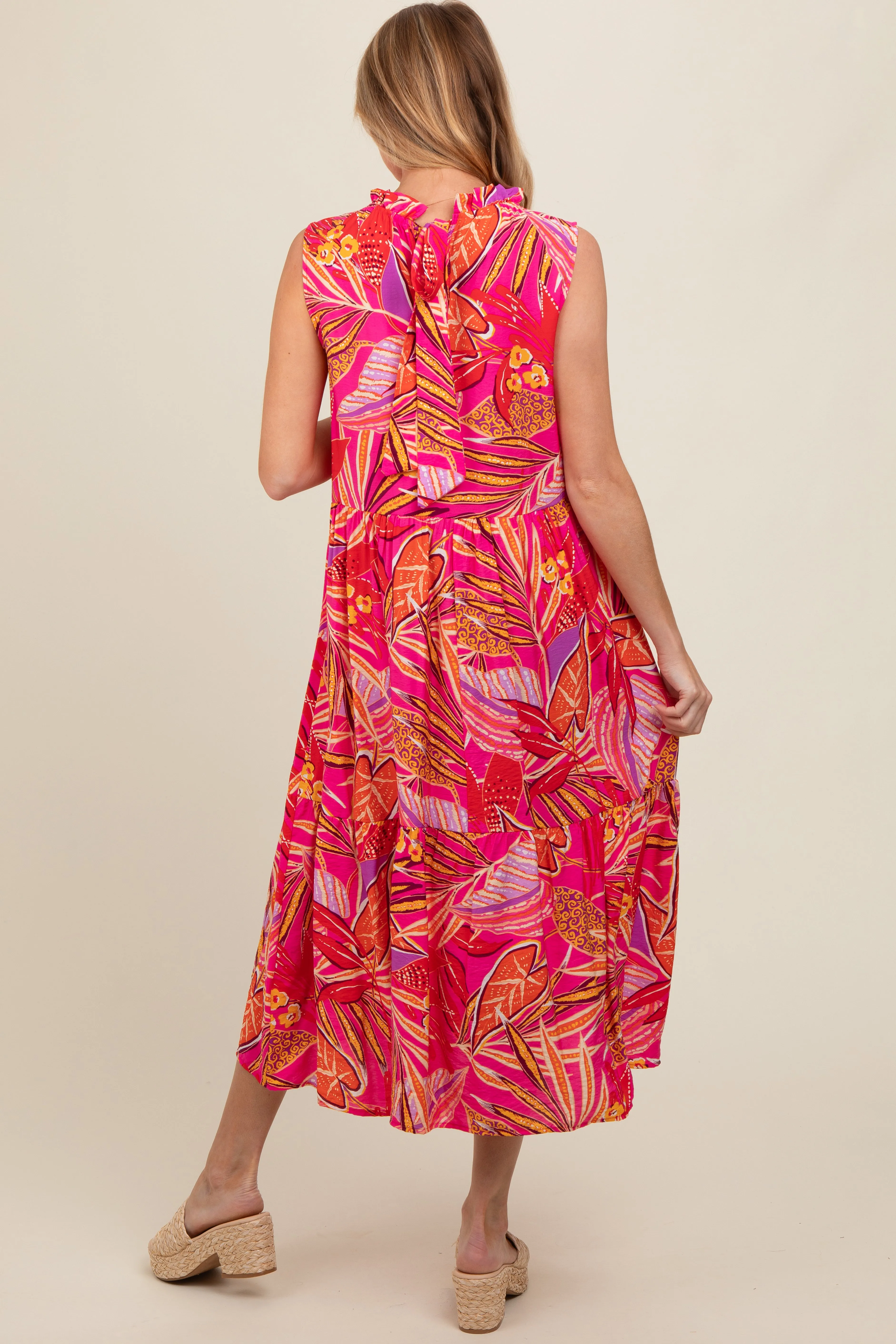 Fuchsia Floral Ruffle Mock Neck Tiered Maternity Midi Dress sold by Pinkblush product image thumbnail 2