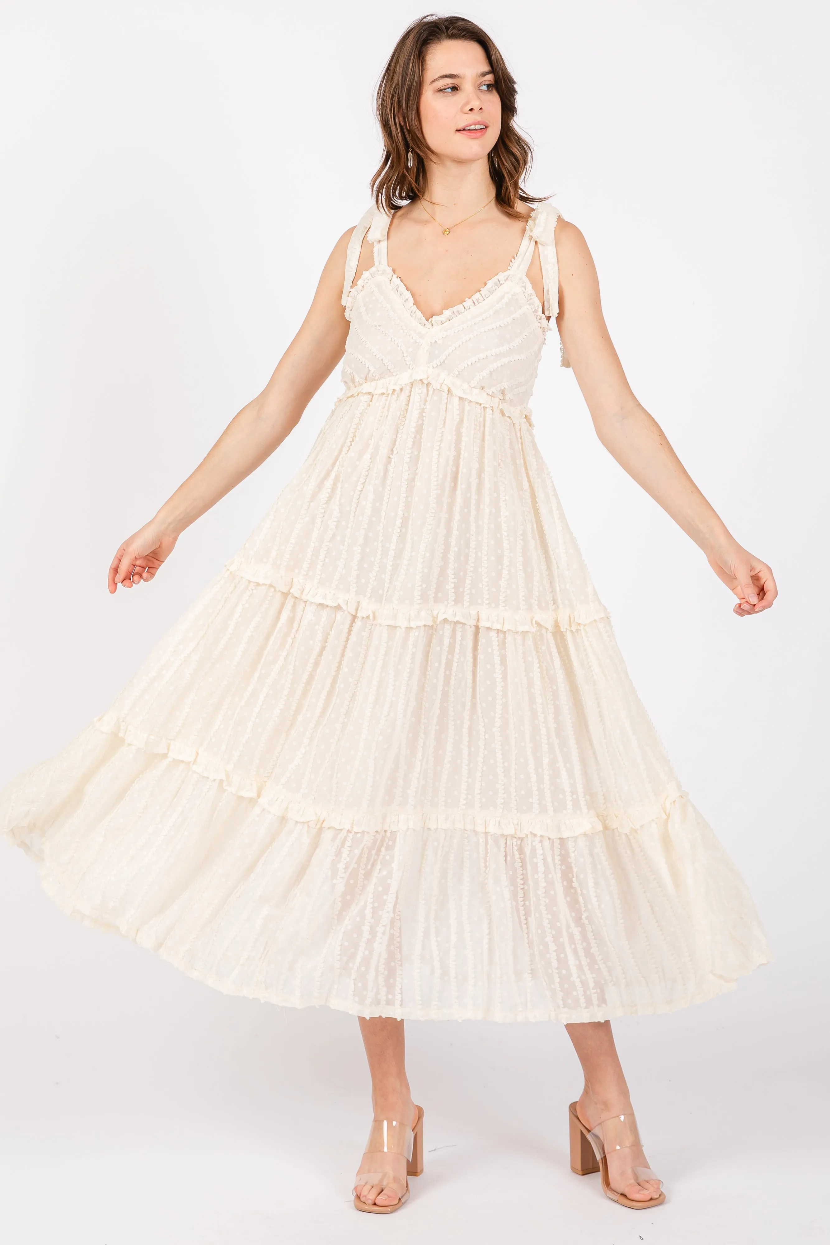 Cream Textured Tie Strap Tiered Midi Dress sold by Pinkblush