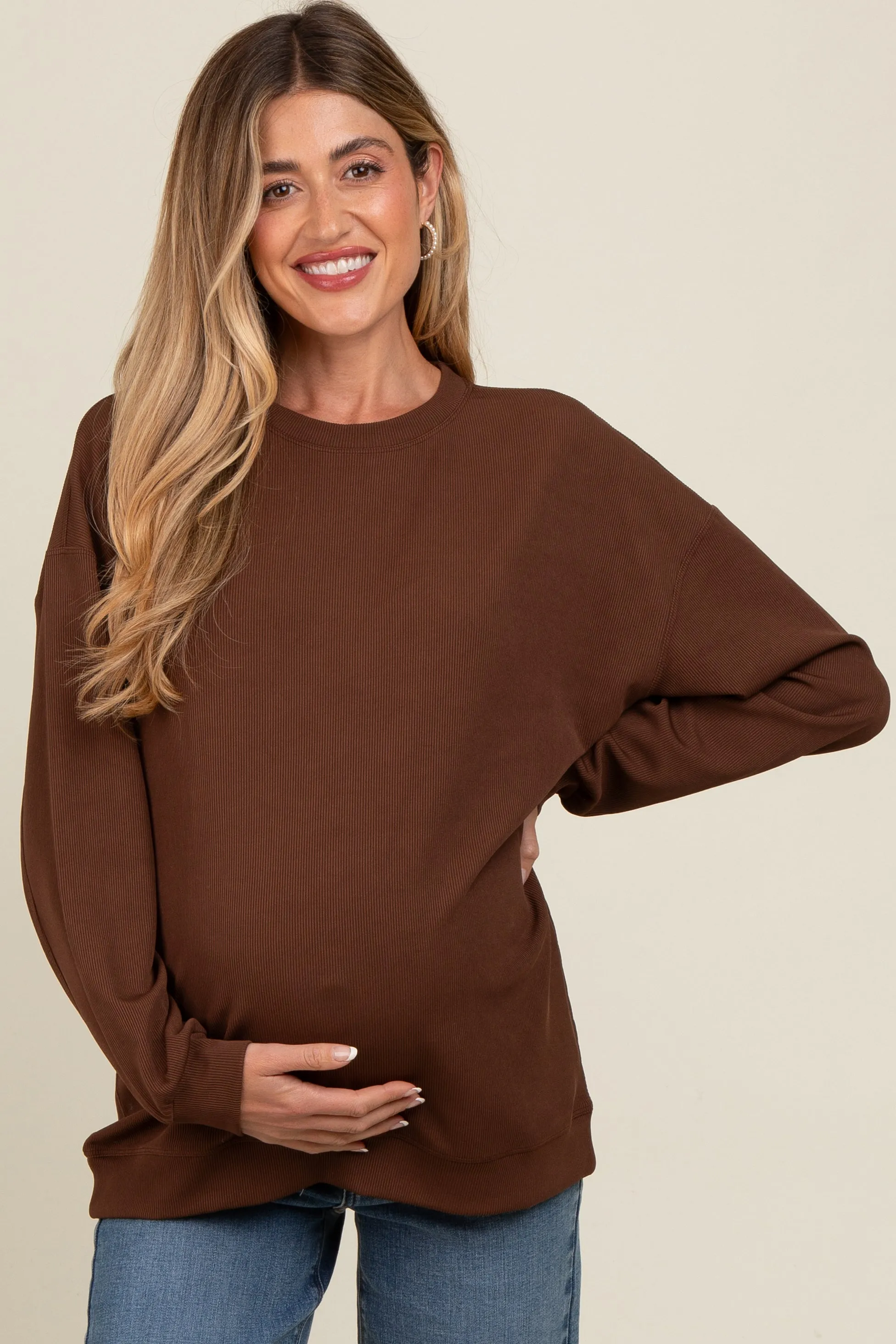 Brown Drop Shoulder Maternity Sweatshirt sold by Pinkblush product image thumbnail 2