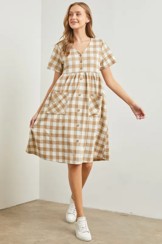 Camel Multi Gingham Button Front Dress sold by Pinkblush