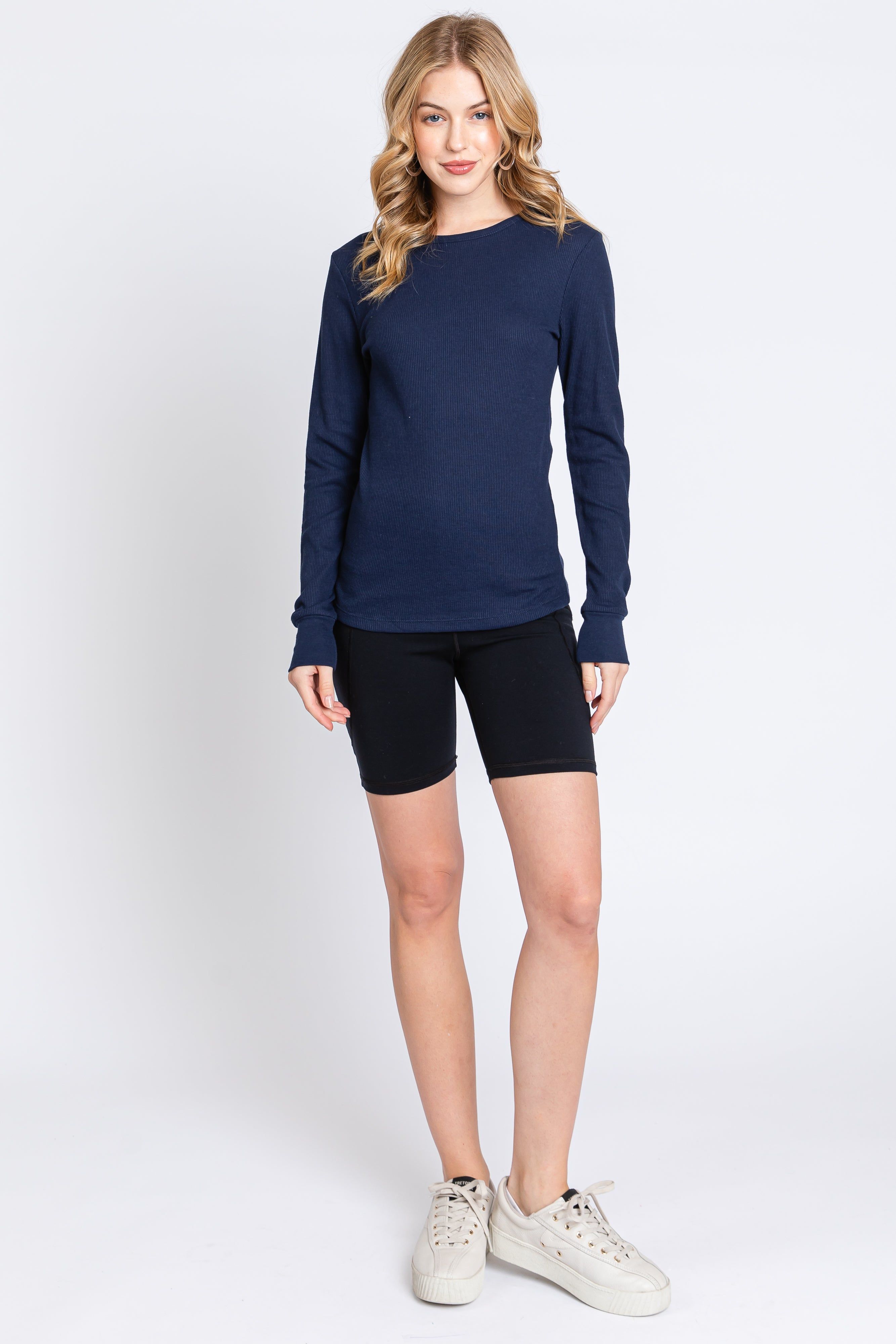 Navy Waffle Knit Basic Long Sleeve Top sold by Pinkblush product image thumbnail 4