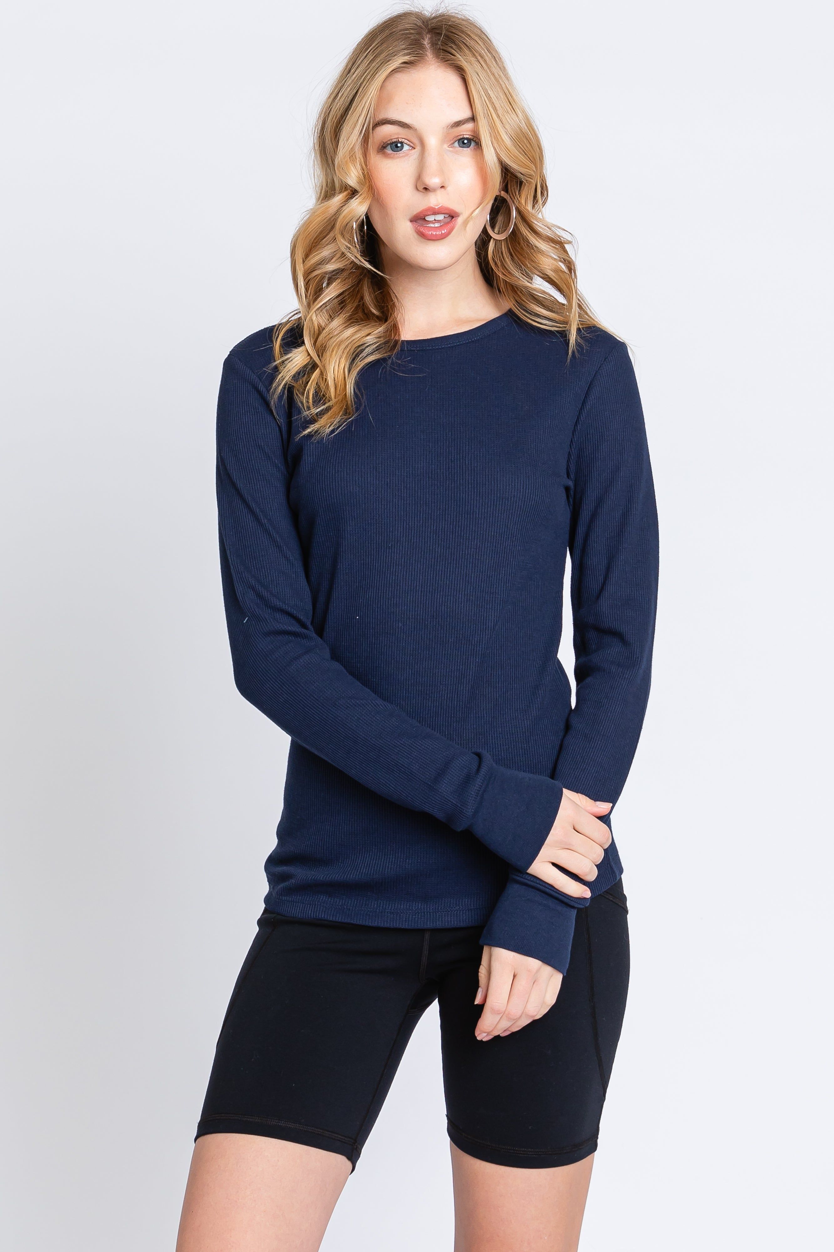 Navy Waffle Knit Basic Long Sleeve Top sold by Pinkblush