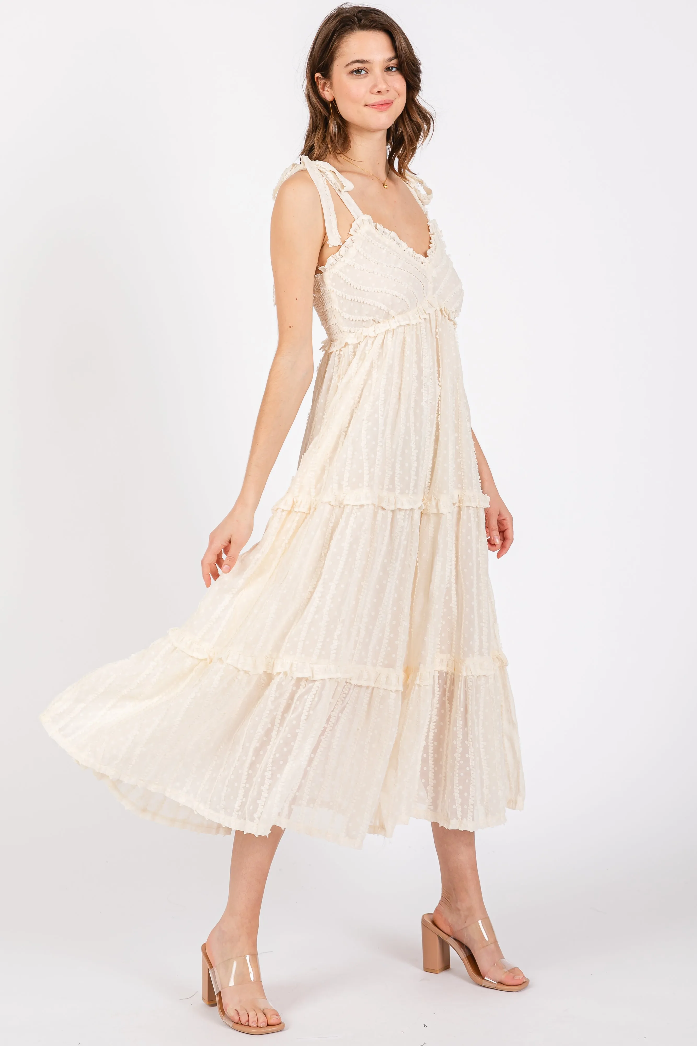 Cream Textured Tie Strap Tiered Midi Dress sold by Pinkblush product image thumbnail 2