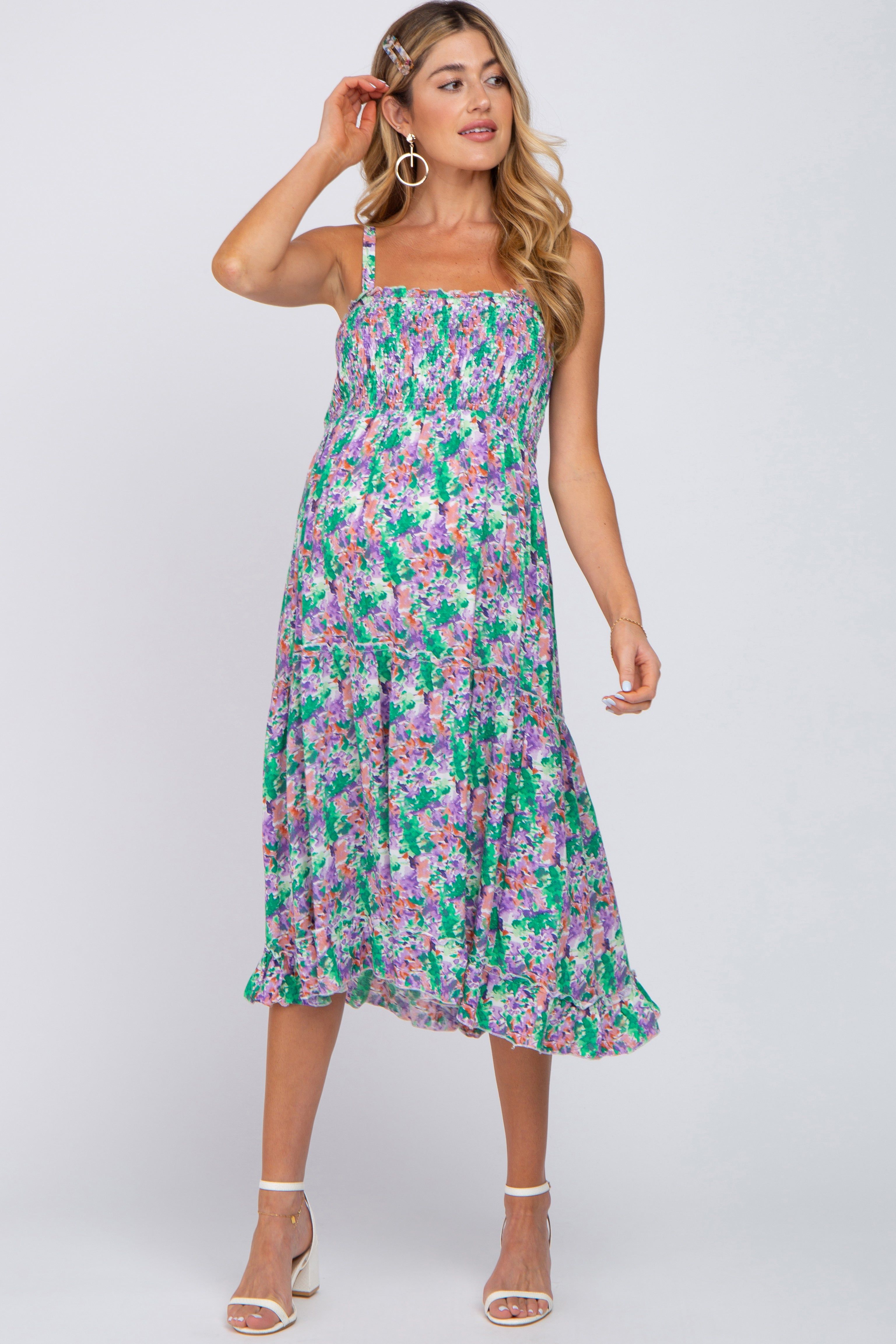Jade Floral Smocked Ruffle Tiered Maternity Midi Dress sold by Pinkblush