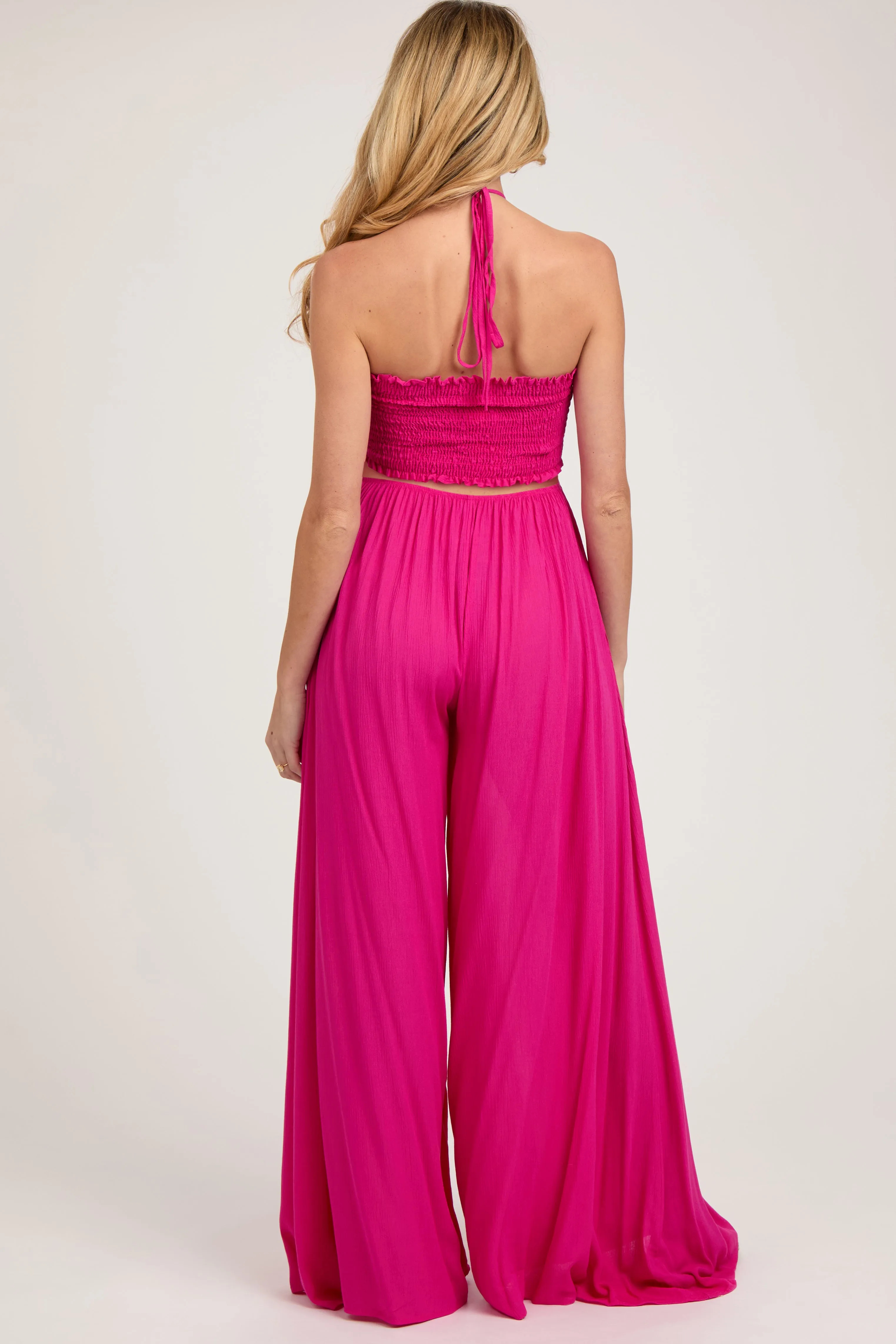 Fuchsia Smocked Drawstring Halter Side Cutout Maternity Jumpsuit sold by Pinkblush product image thumbnail 2