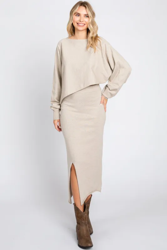 Beige Knit Long Sleeve Crop Top Midi Skirt Set sold by Pinkblush