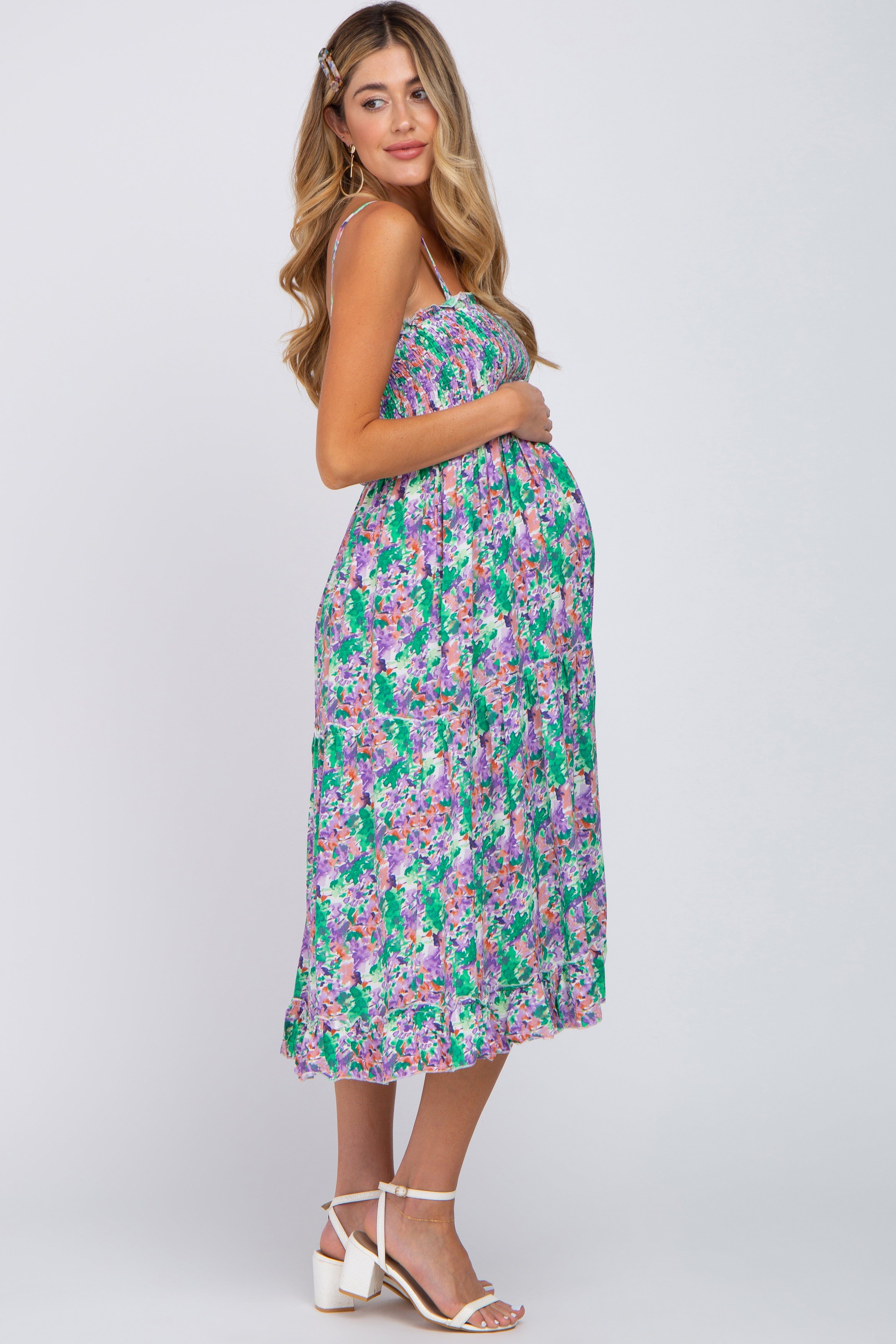 Jade Floral Smocked Ruffle Tiered Maternity Midi Dress sold by Pinkblush product image thumbnail 2
