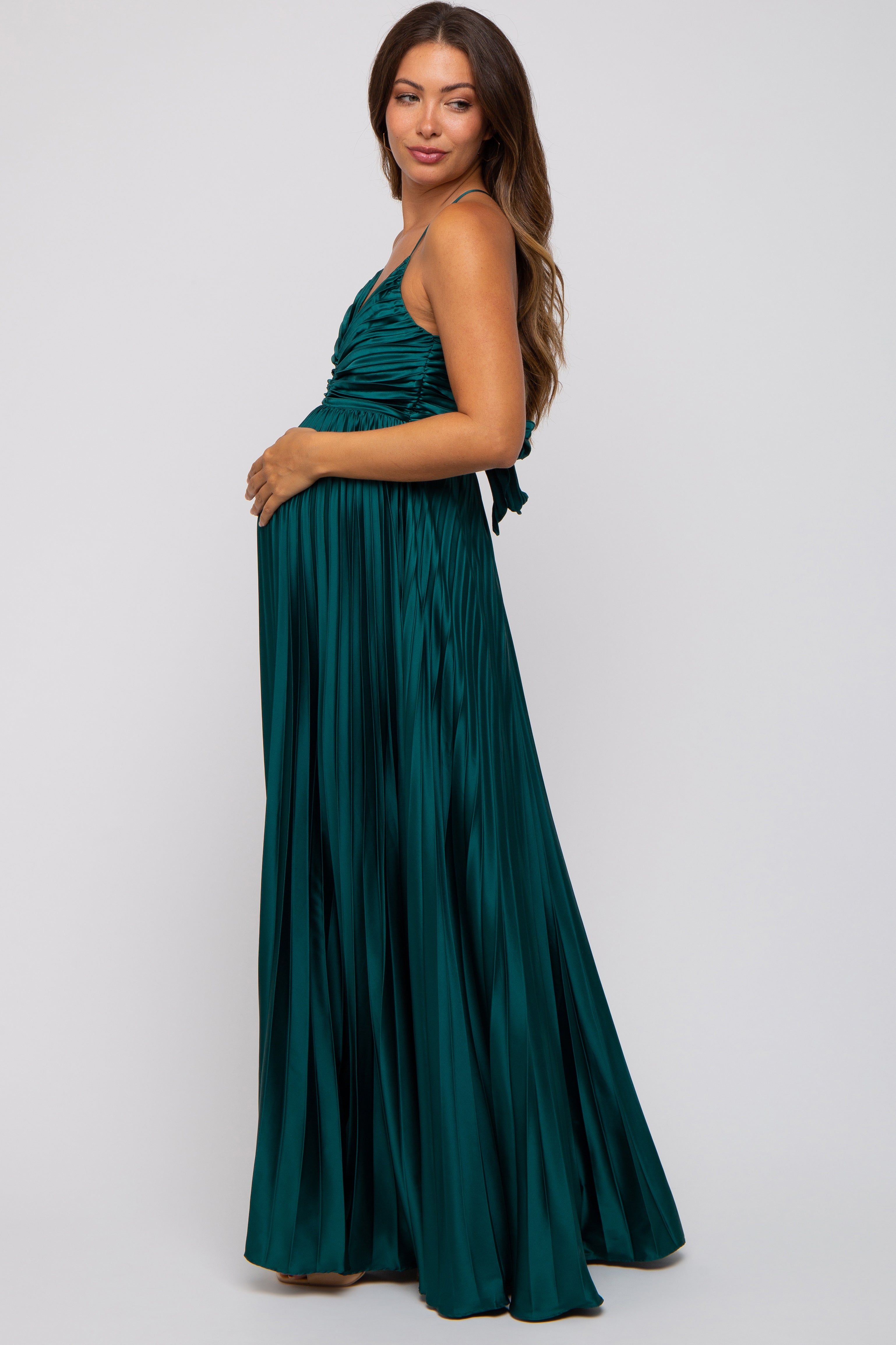 Forest Green Satin Pleated Cutout Maternity Gown sold by Pinkblush product image thumbnail 4