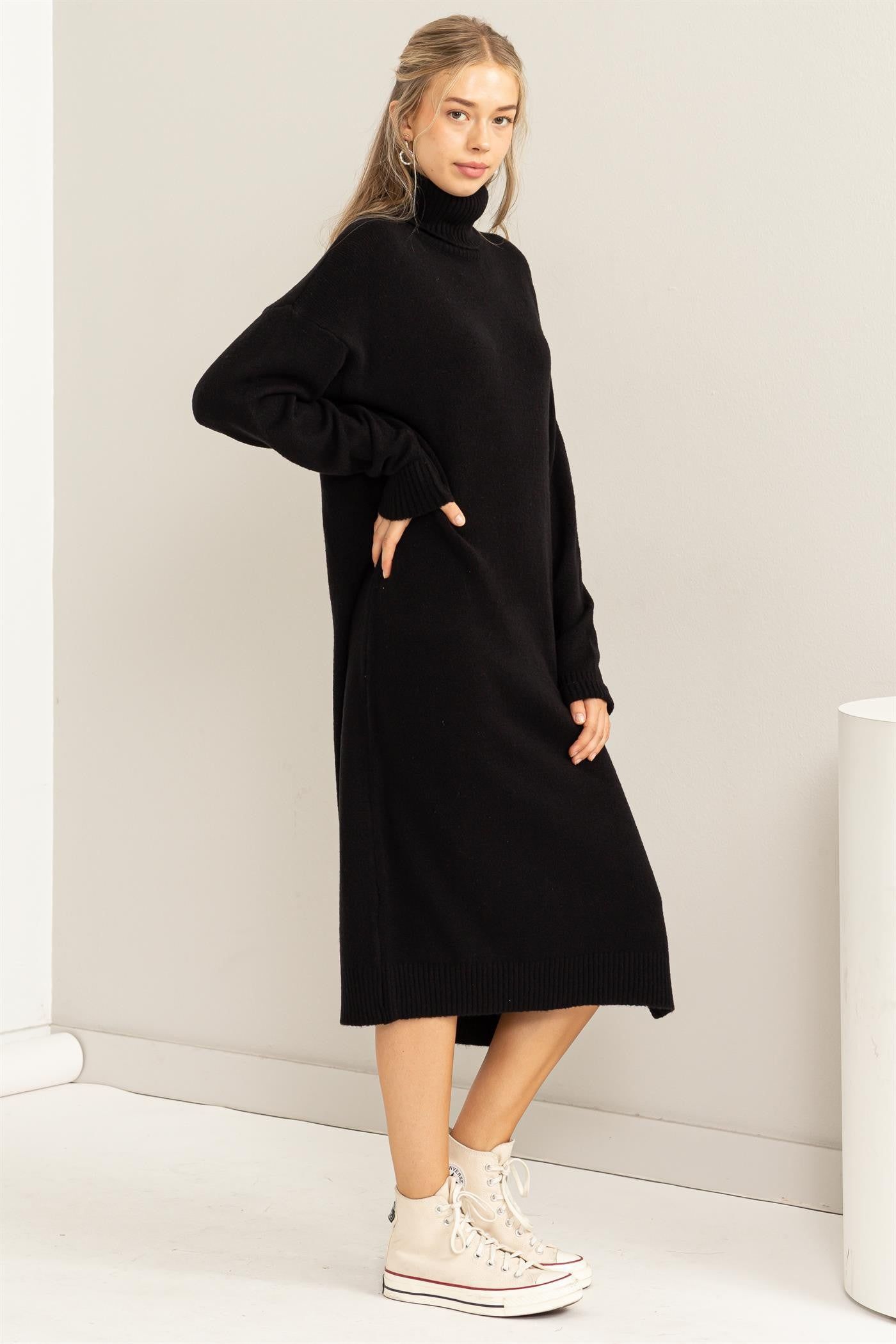 Black Turtleneck Side Slit Sweater Midi Dress sold by Pinkblush product image thumbnail 2