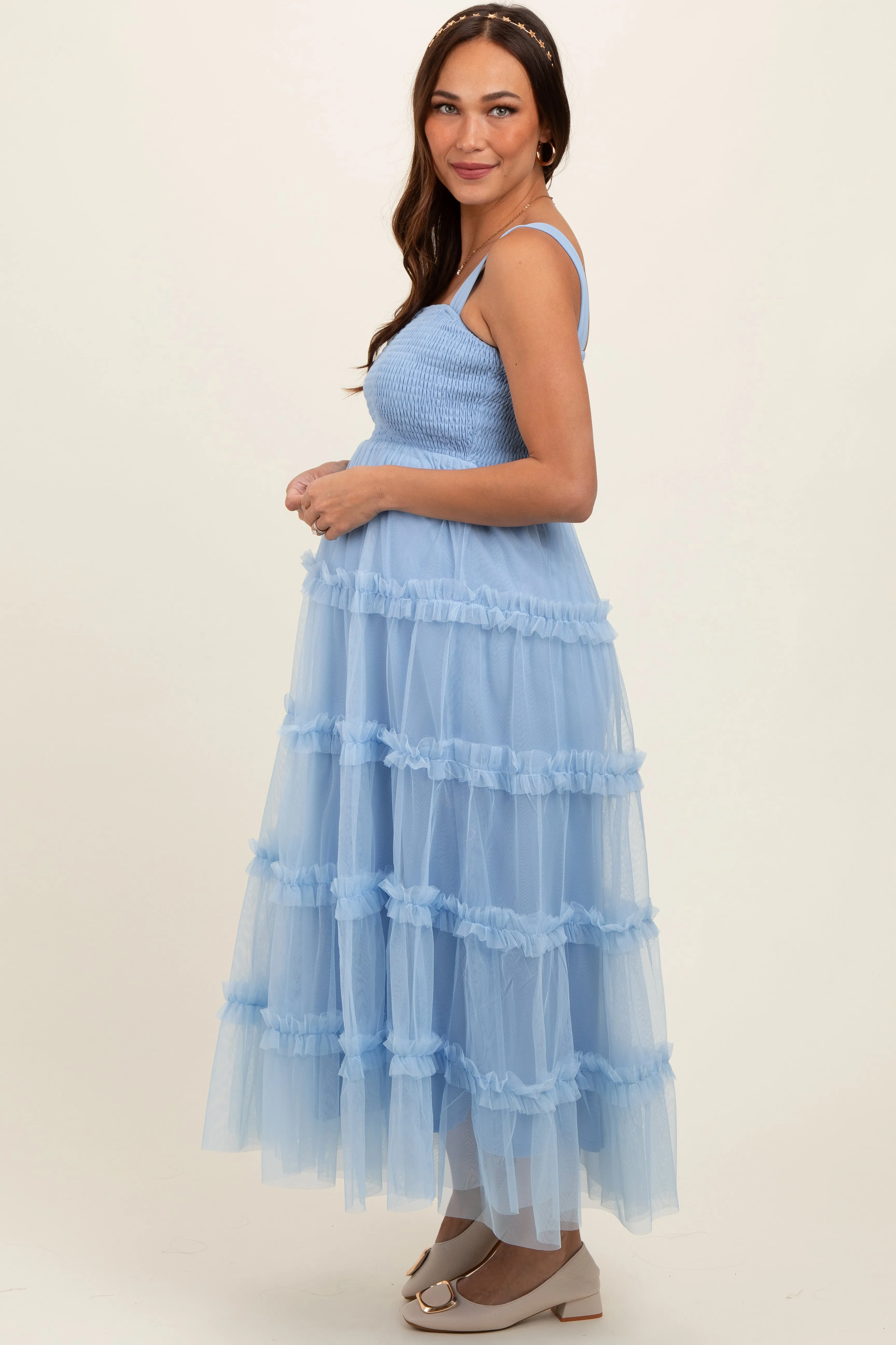 Light Blue Smocked Ruffle Tiered Tulle Maternity Midi Dress sold by Pinkblush product image thumbnail 4