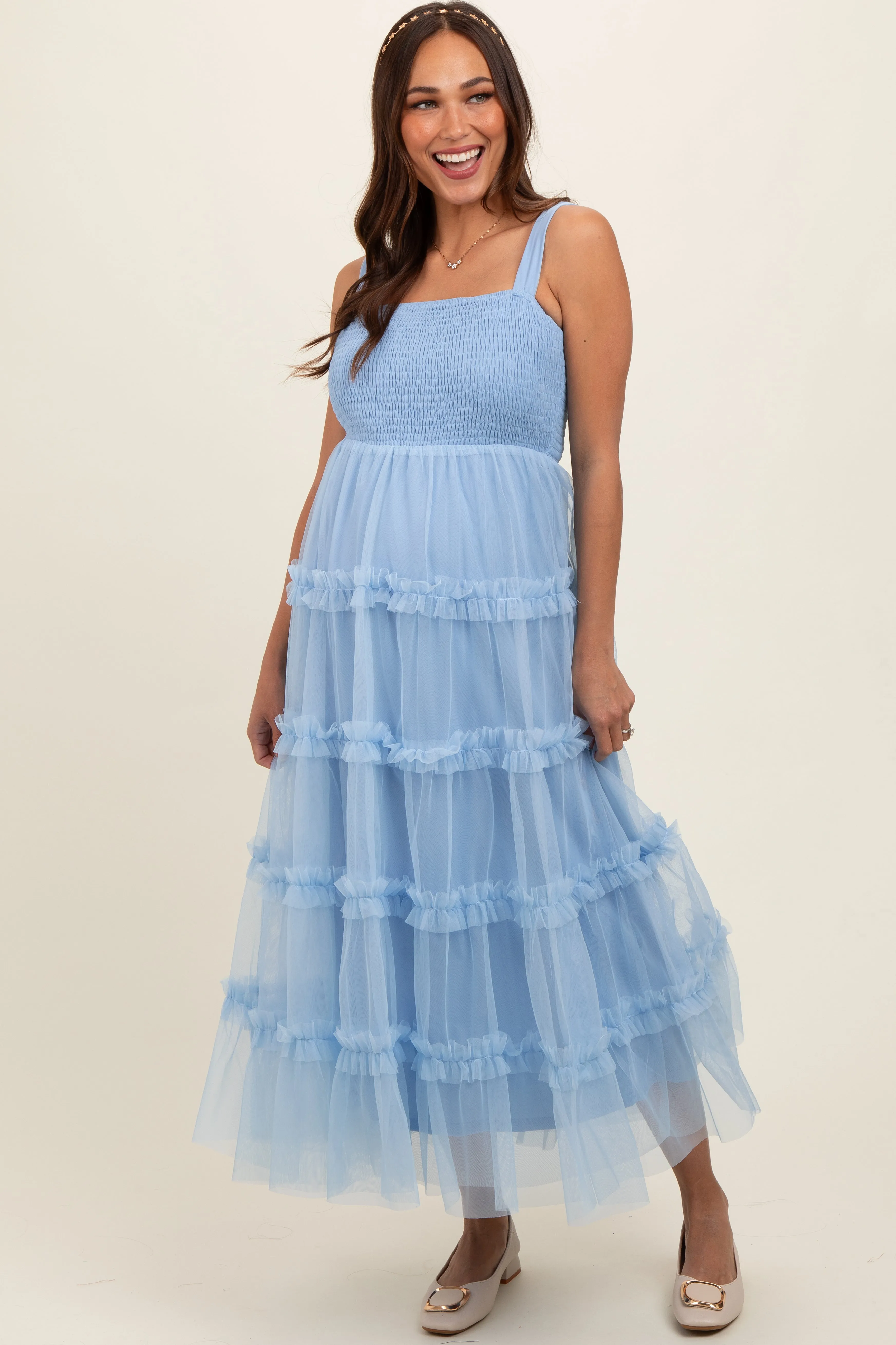 Light Blue Smocked Ruffle Tiered Tulle Maternity Midi Dress sold by Pinkblush