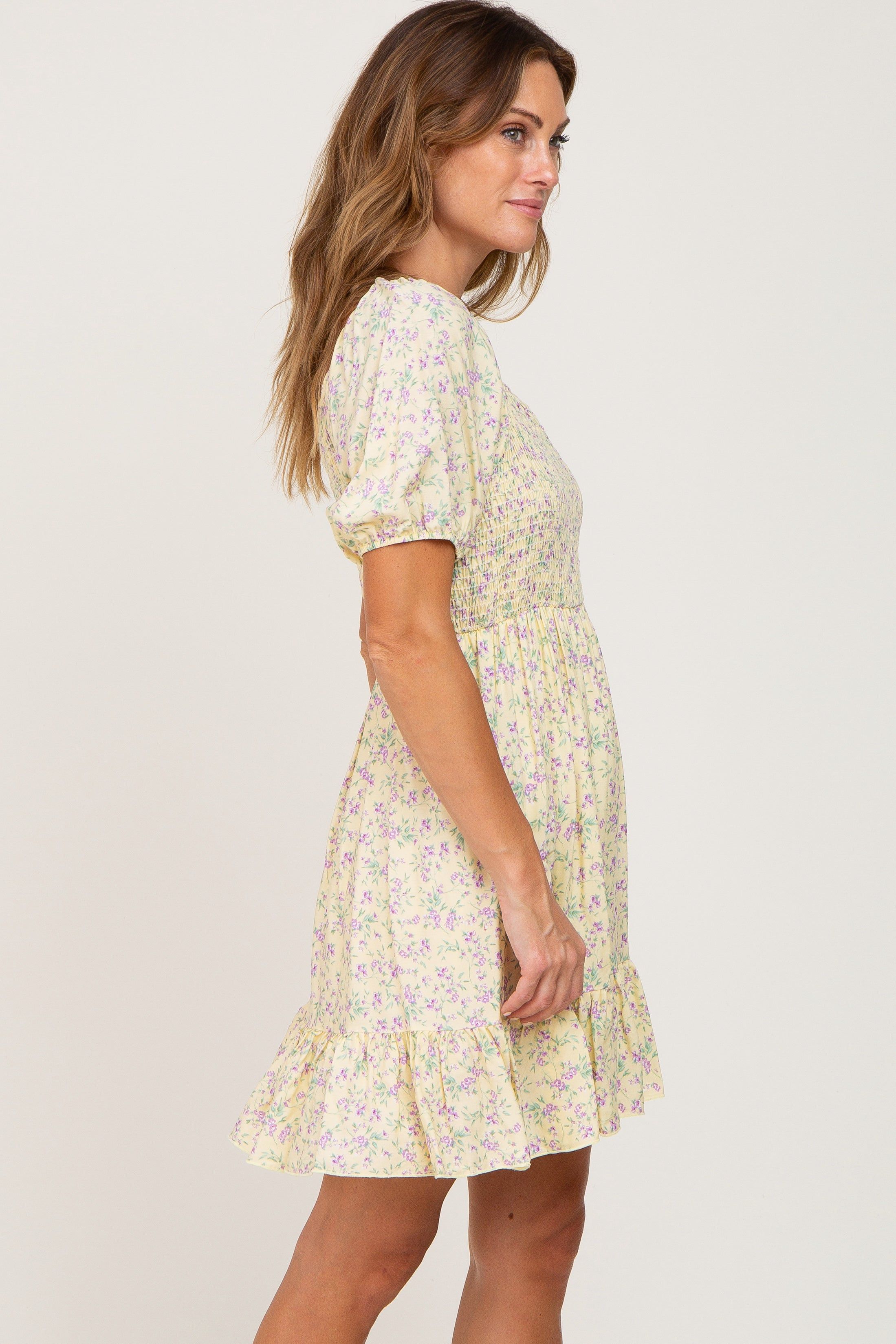 Yellow Floral Smocked Puff Sleeve Dress sold by Pinkblush product image thumbnail 2