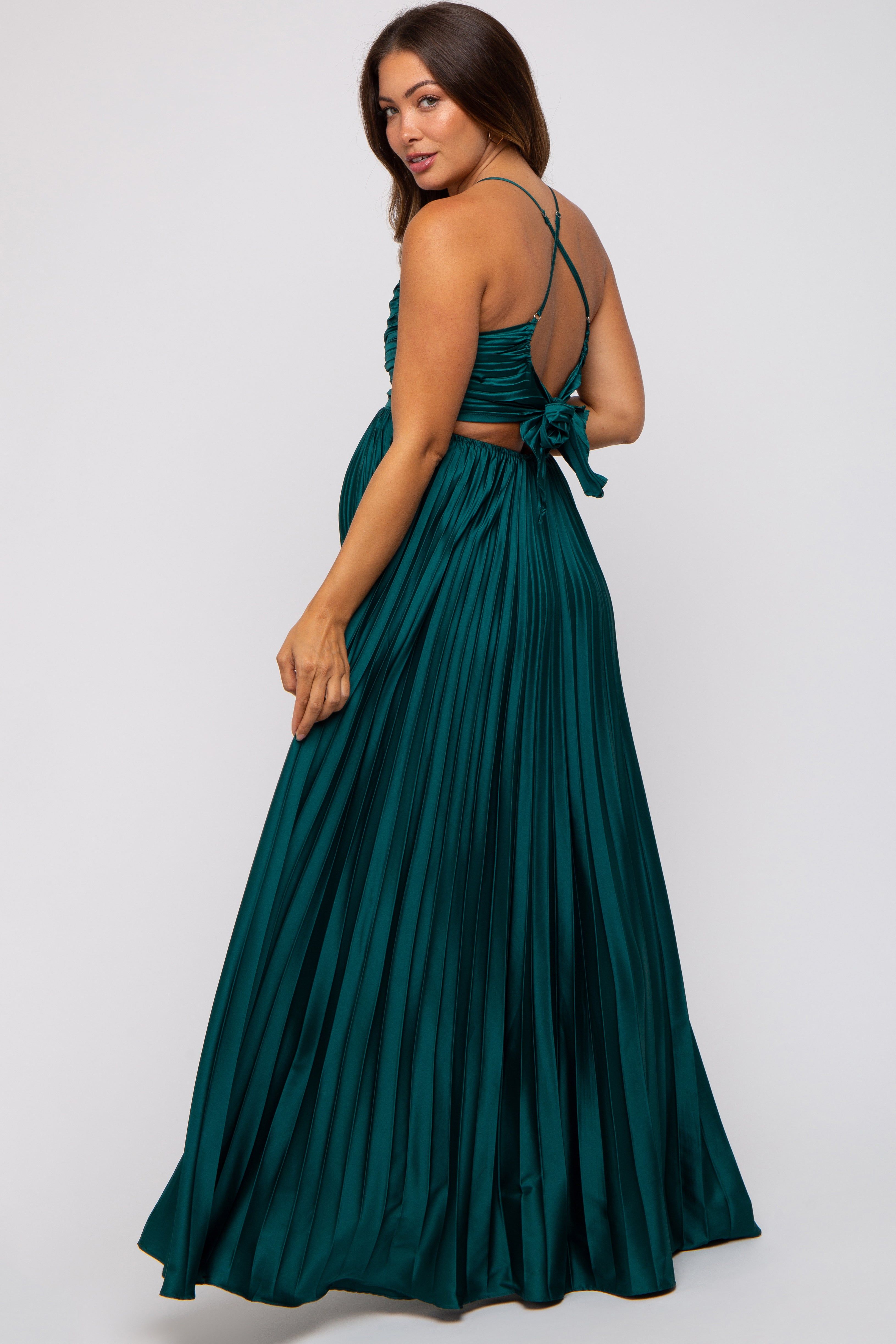 Forest Green Satin Pleated Cutout Maternity Gown sold by Pinkblush product image thumbnail 5