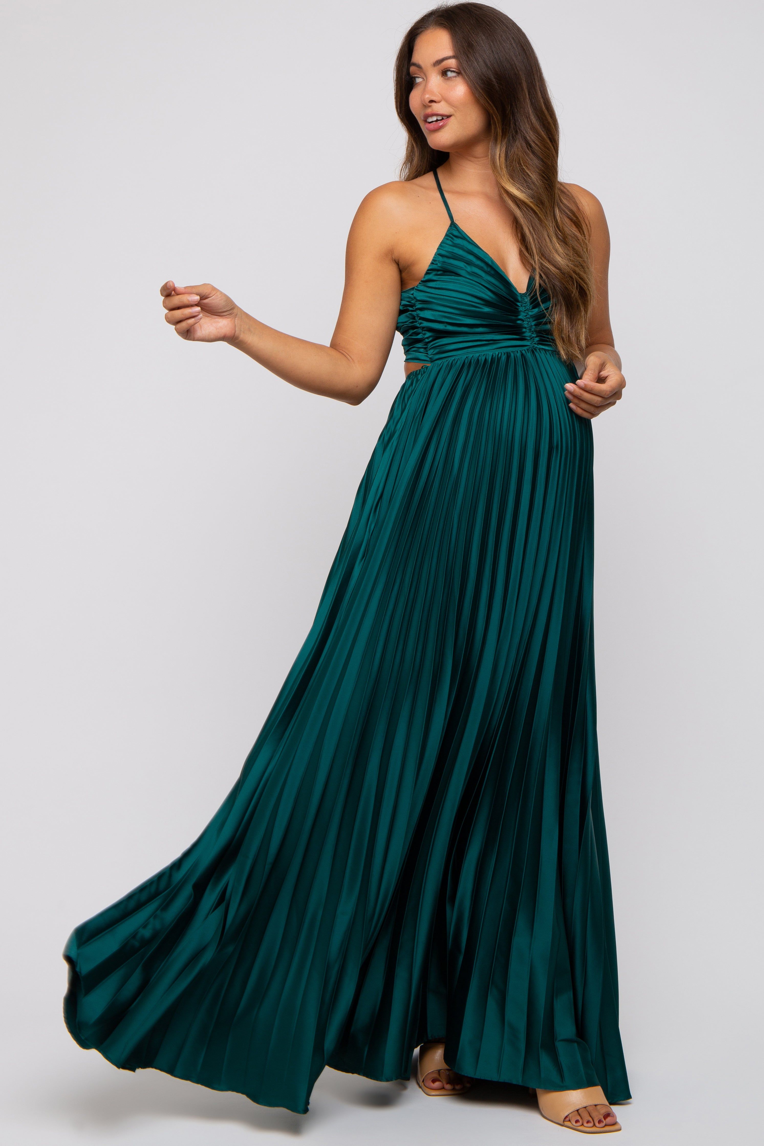 Forest Green Satin Pleated Cutout Maternity Gown sold by Pinkblush product image thumbnail 2