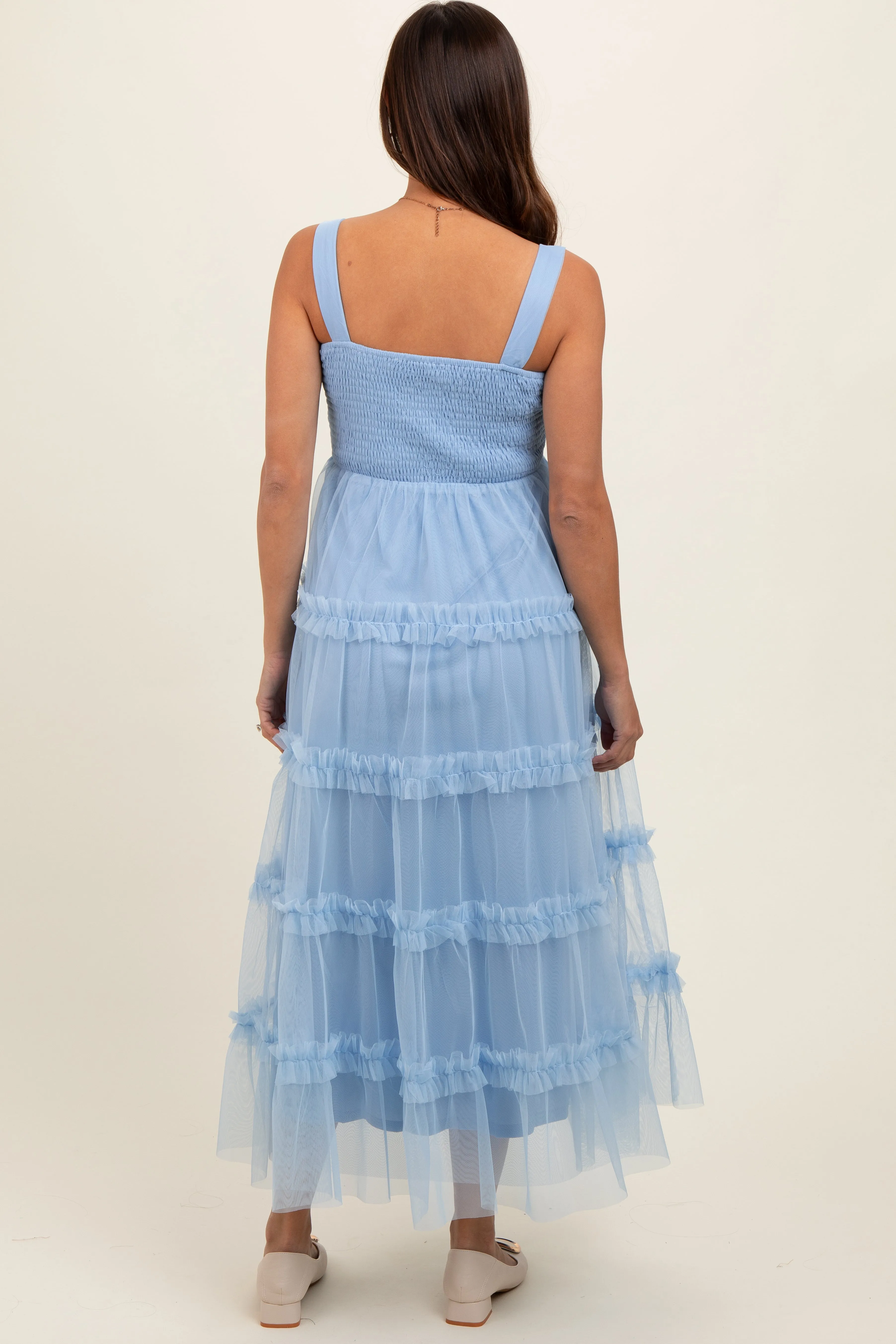 Light Blue Smocked Ruffle Tiered Tulle Maternity Midi Dress sold by Pinkblush product image thumbnail 5