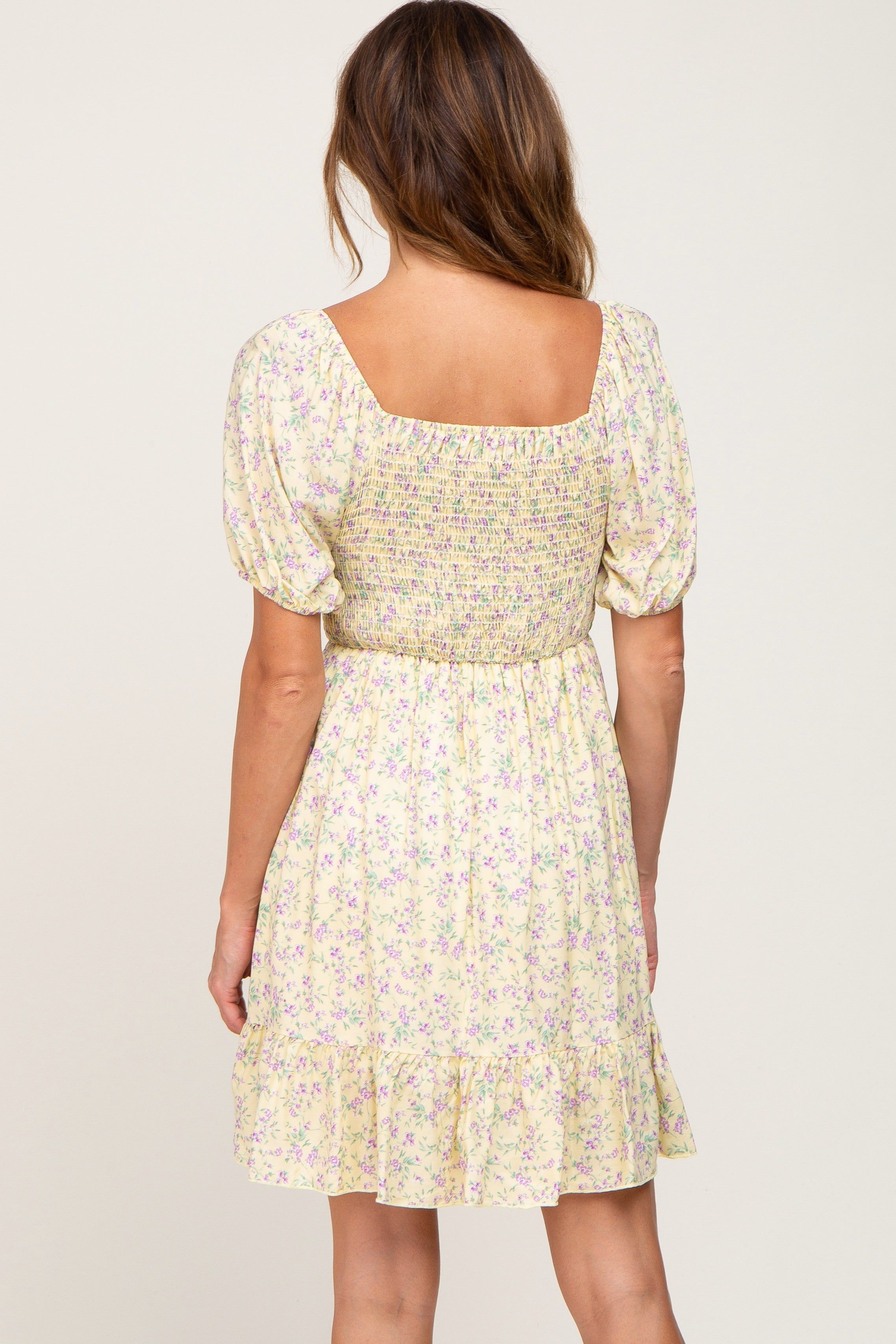 Yellow Floral Smocked Puff Sleeve Dress sold by Pinkblush product image thumbnail 3